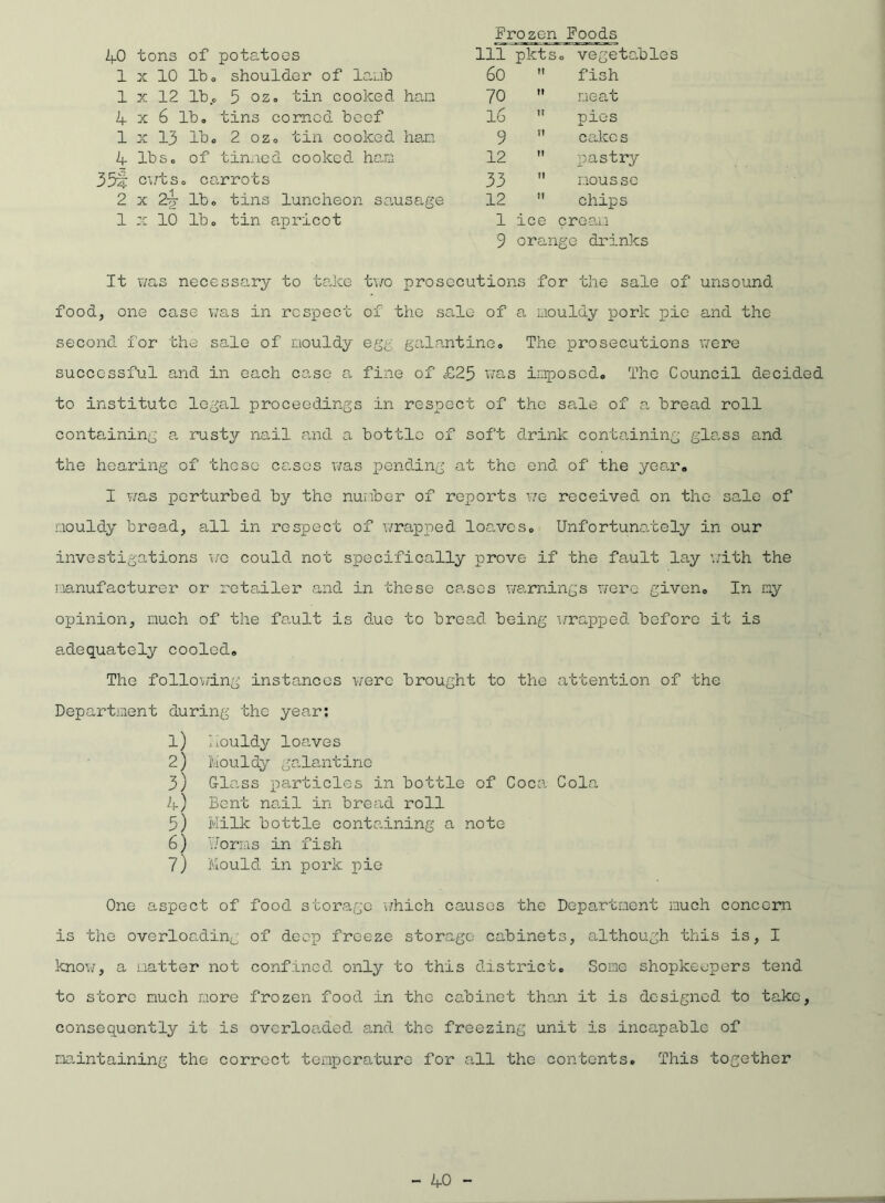 Frozen Foods 40 tons of potatoes 111 pkts. vegetables 1 x 10 lb. shoulder of lamb 60 t! fish 1 x 12 lb.« 5 oz» tin cooked ham 70 tl neat 4 x 6  lb. tins corned beef 16 1? pies 1 x 13 lb. 2 oz. tin cooked ham 9 !! cake s 4 lbs. of tinned cooked ham 12 tl pastry 35f cwts . carrots 33 fl mousse 2 X 2yy lb. tins luncheon sausage 12 H chips 1 x 10 lb. tin apricot 1 ice cream 9 ora ngo drinks It was necessary to take two prosecutions for the sale of unsound food, one case was in respect of the sale of a mouldy pork pic and the second for the sale of mouldy egg galantine. The prosecutions were successful and in each case a fine of £25 was imposed. The Council decided to institute legal proceedings in respect of the sale of a bread roll containing a rusty nail and a bottle of soft drink containing glass and the hearing of these cases was pending at the end of the year. I was perturbed by the number of reports we received on the sale of mouldy bread, all in respect of wrapped loaves. Unfortunately in our investigations we could not specifically prove if the fault lay with the manufacturer or retailer and in these cases warnings were given. In my opinion, much of the fault is duo to bread being 'wrapped before it is adequately cooled. The following instances were brought to the attention of the Department during the year: 1) houldy loaves 2) Mouldy galantine 3) G-lass particles in bottle of Coca Cola 4) Bent nail in bread roll 5) Milk bottle containing a note 6) Forms in fish 7) Mould in pork pie One aspect of food storage which causes the Department much concern is the overloading of deep freeze storage cabinets, although this is, I know, a matter not confrncd only to this district. Some shopkeepers tend to store much more frozen food in the cabinet than it is designed to take, consequently it is overloaded and the freezing unit is incapable of maintaining the correct temperature for all the contents. This together