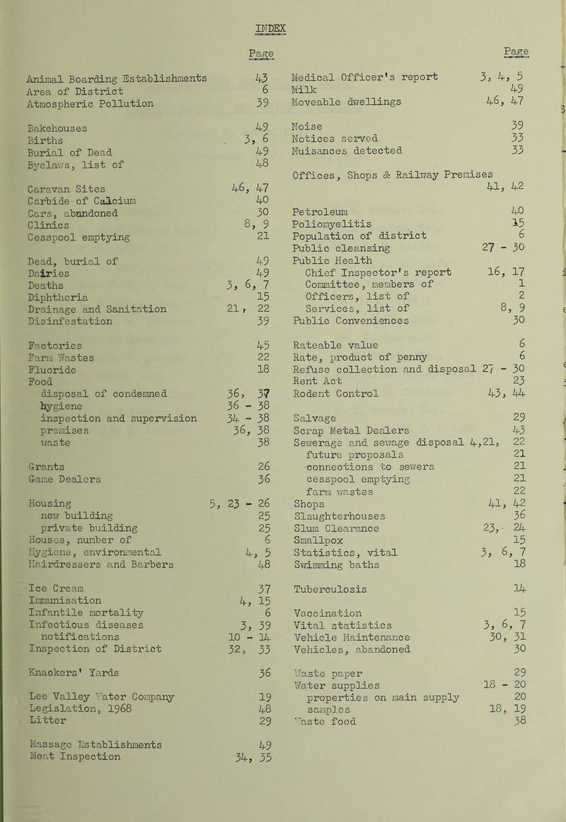 INDEX Ism Page Animal Boarding Establishments 43 Medical Officer's report 3, 4, 5 Area of District 6 Milk 49 Atmospheric Pollution 39 Moveable dwellings 46, 47 Bakehouses 49 Noise 39 Births . 3, 6 Notices served 33 Burial of Dead 49 Nuisances detected 33 Bye lav/s, list of 48 Offices, Shops & Railway Premises Caravan Sites 46, 47 41, 42 Carbide of Calcium 40 Cars, abandoned 30 Petroleum 40 Clinics 8, 9 Poliomyelitis 15 Cesspool emptying 21 Population of district 6 Public cleansing 27 - 30 Dead, burial of 49 Public Health Dairies 49 Chief Inspector's report 16, 17 Deaths 3, 6, 7 Committee, members of 1 Diphtheria 15 Officers, list of 2 Drainage and Sanitation 21 , 22 Services, list of 8, 9 Disinfestation 39 Public Conveniences 30 factories 45 Rateable value 6 Farm Wastes 22 Rate, product of penny 6 Fluoride 18 Refuse collection and disposal 27 - 30 Food Rent Act 23 disposal of condemned 36, 37 Rodent Control 43, 44 hygiene 36 - 38 inspection and supervision 34 - 38 Salvage 29 premises 36, 38 Scrap Metal Dealers 43 waste 38 Sewerage and sewage disposal 4,21, 22 future proposals 21 Grants 26 connections to sewers 21 Game Dealers 36 cesspool emptying 21 farm wastes 22 Housing 5, 23 - 26 Shops 41, 42 new building 25 Slaughterhouses 36 private building 25 Slum Clearance CM Houses, number of 6 Smallpox 15 Hygiene, environmental 4, 5 Statistics, vital 3, 6, 7 Hairdressers and Barbers 48 Swimming baths 18 Ice Cream 37 Tuberculosis 14 Immunisation 4, 15 Infantile mortality 6 Vaccination 15 Infectious diseases 3, 39 Vital statistics 3, 6, 7 notifications 10-14 Vehicle Maintenance 30, 31 Inspection of District 32, 33 Vehicles, abandoned 30 Knackers' Yards 36 Waste paper 29 Y/ater supplies 18 - 20 Lee Valley Hater Company 19 properties on main supply 20 Legislation, 1968 48 samples 18, 19 Litter 29 rraste food 38 Massage Establishments 49 Meat Inspection 34, 35