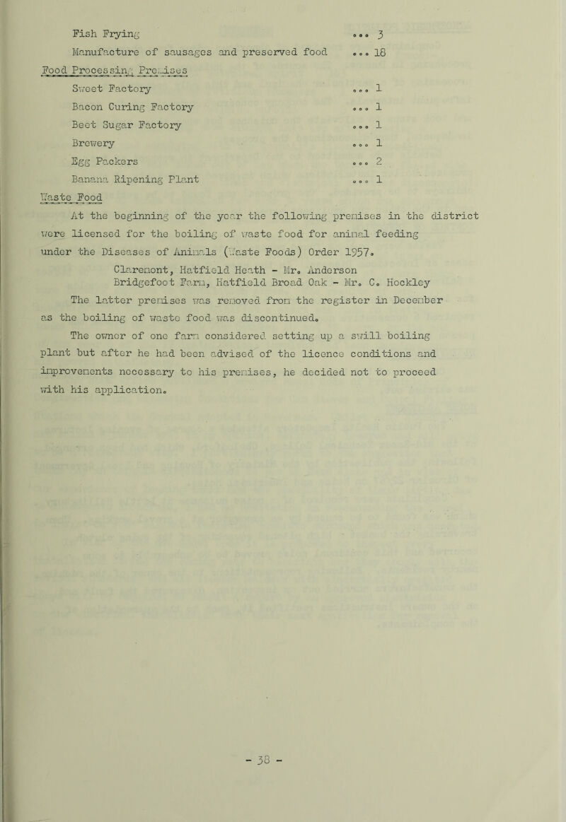 Fish Frying Manufacture of sausages and preserved food Food Processing Premises Sweet Factory Bacon Curing Factory Beet Sugar Factory Brewery Egg Packers Banana Ripening Plant ® 1 o 1 1 1 1 2 Paste Food At the beginning of the year the following premises in the district were licensed for the boiling of waste food for animal feeding under the Diseases of Animals (haste Foods) Order 1957® Claremont, Hatfield Heath - Mr® Anderson Bridgefoot Farm, Hatfield Broad Oak - Mr® Co Hockley The latter premises was removed from the register in December as the boiling of waste food was discontinued® The owner of one farm considered setting up a swill boiling plant but after he had been advised of the licence conditions and improvements necessary to his premises, he decided not to proceed with his application®