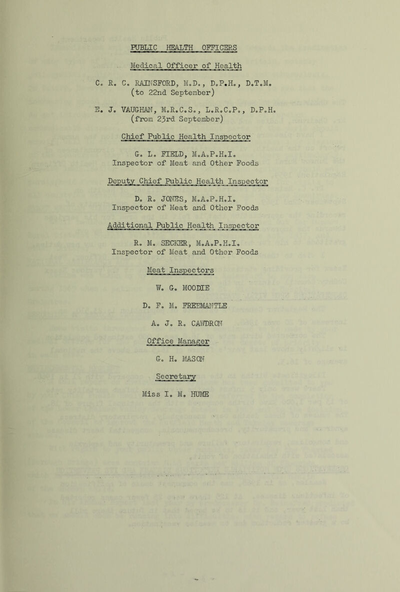 Me die a. 1 Officer of Health Co Ro Co RAINSFORD, M.D., DoP.Ho, DoToM. (to 22nd September) E. Jo VAUGHAN, M.R0C0S0, LoRoCoPo, DoPoHc (from 23rd September) Chief Public Health Go L« FIELD, MoAoPoHolo Inspector of Meat and Other Foods Do Ro JONES, MoAoPoHolo Inspector of Meat and Other Foods Additional Public Health Inspecl Ro Mo SEGKER, MoAoPoHolo Inspector of Meat and Other Foods Meat Inspectors Wo Go HOODIE Do Fo Mo FREEMANTLE A. Jo Ro CAWDRQN Office Manager Go Ho MASON Miss Io Mo HUME