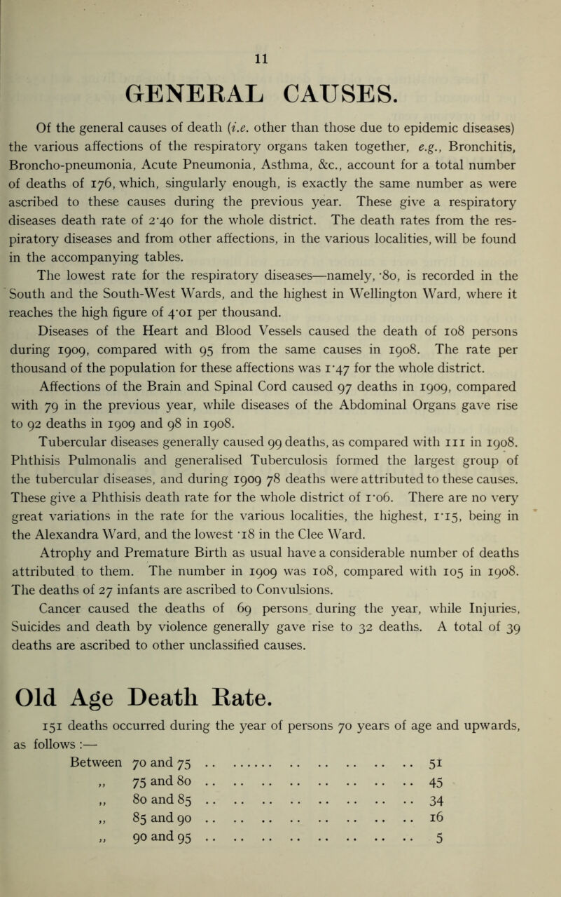 GENERAL CAUSES. Of the general causes of death (i.e. other than those due to epidemic diseases) the various affections of the respiratory organs taken together, e.g., Bronchitis, Broncho-pneumonia, Acute Pneumonia, Asthma, &c., account for a total number of deaths of 176, which, singularly enough, is exactly the same number as were ascribed to these causes during the previous year. These give a respiratory diseases death rate of 2*40 for the whole district. The death rates from the res- piratory diseases and from other affections, in the various localities, will be found in the accompanying tables. The lowest rate for the respiratory diseases—namely, ‘8o, is recorded in the South and the South-West Wards, and the highest in Wellington Ward, where it reaches the high figure of 4*01 per thousand. Diseases of the Heart and Blood Vessels caused the death of 108 persons during 1909, compared with 95 from the same causes in 1908. The rate per thousand of the population for these affections was 1*47 for the whole district. Affections of the Brain and Spinal Cord caused 97 deaths in 1909, compared with 79 in the previous year, while diseases of the Abdominal Organs gave rise to 92 deaths in 1909 and 98 in 1908. Tubercular diseases generally caused 99 deaths, as compared with hi in 1908. Phthisis Pulmonalis and generalised Tuberculosis formed the largest group of the tubercular diseases, and during 1909 78 deaths were attributed to these causes. These give a Phthisis death rate for the whole district of ro6. There are no very great variations in the rate for the various localities, the highest, 1*15, being in the Alexandra Ward, and the lowest '18 in the Clee Ward. Atrophy and Premature Birth as usual have a considerable number of deaths attributed to them. The number in 1909 was 108, compared with 105 in 1908. The deaths of 27 infants are ascribed to Convulsions. Cancer caused the deaths of 69 persons during the year, while Injuries, Suicides and death by violence generally gave rise to 32 deaths. A total of 39 deaths are ascribed to other unclassified causes. Old Age Death Rate. 151 deaths occurred during the year of persons 70 years of age and upwards, as follows :— Between 70 and 75 51 „ 75 and 80 45 „ 80 and 85 34 „ 85 and 90 16 „ 90 and 95 5