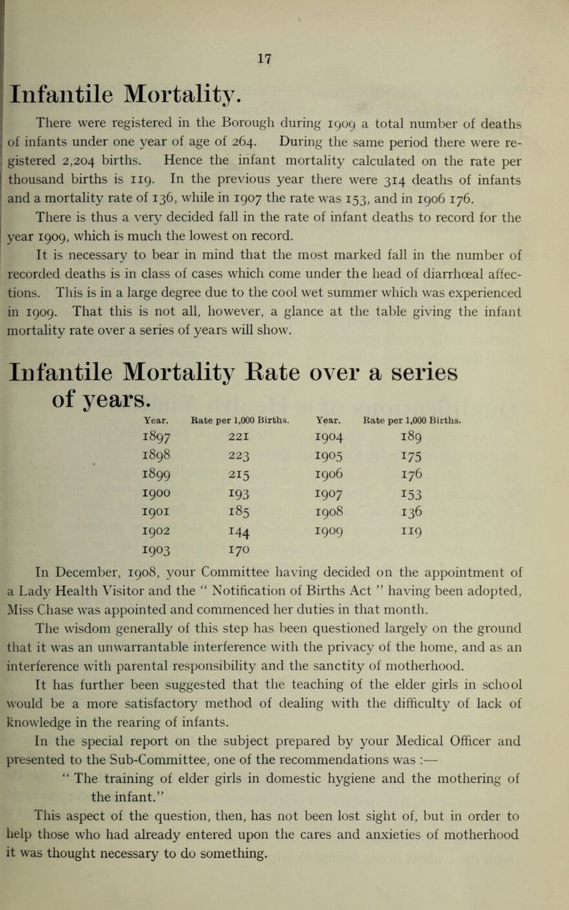 Infantile Mortality. There were registered in the Borough during 1909 a total number of deaths of infants under one year of age of 264. During the same period there were re- i| gistered 2,204 births. Hence the infant mortality calculated on the rate per I thousand births is 119. In the previous year there were 314 deaths of infants and a mortality rate of 136, while in 1907 the rate was 153, and in 1906 176. There is thus a very decided fall in the rate of infant deaths to record for the I year 1909, which is much the lowest on record. It is necessary to bear in mind that the most marked fall in the number of recorded deaths is in class of cases which come under the head of diarrhoeal affec- tions. This is in a large degree due to the cool wet summer which was experienced in 1909. That this is not all, however, a glance at the table giving the infant mortality rate over a series of years will show. Infantile Mortality Bate over a series of years. Year. Rate per 1,000 Births. Year. Rate per 1,000 Births. 1897 221 I904 189 1898 223 1905 175 1899 215 I906 176 1900 193 I907 153 I9OI 185 1908 136 1902 144 I909 119 1903 170 In December, 1908, your Committee having decided on the appointment of a Lady Health Visitor and the “ Notification of Births Act ” having been adopted. Miss Chase was appointed and commenced her duties in that month. The wisdom generally of this step has been questioned largely on the ground that it was an unwarrantable interference with the privacy of the home, and as an interference with parental responsibility and the sanctity of motherhood. It has further been suggested that the teaching of the elder girls in school would be a more satisfactory method of dealing with the difficulty of lack of knowledge in the rearing of infants. In the special report on the subject prepared by your Medical Officer and presented to the Sub-Committee, one of the recommendations was :— “The training of elder girls in domestic hygiene and the mothering of the infant.” This aspect of the question, then, has not been lost sight of, but in order to help those who had already entered upon the cares and anxieties of motherhood it was thought necessary to do something.