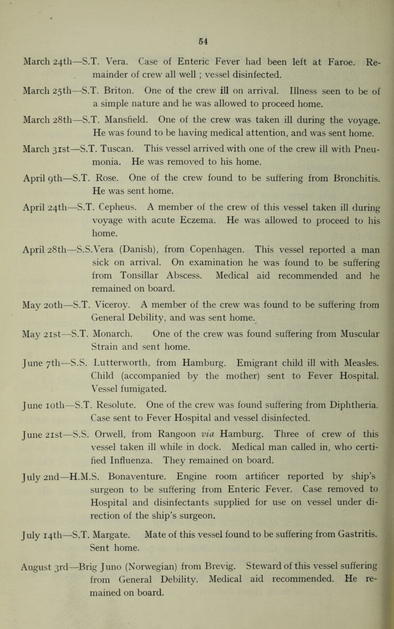 March 24th—S.T. Vera. Case of Enteric Fever had been left at Faroe. Re- mainder of crew all well; vessel disinfected. March 25th—S.T. Briton. One of the crew ill on arrival. Illness seen to be of a simple nature and he was allowed to proceed home. March 28th—S.T. Mansfield. One of the crew was taken ill during the voyage. He was found to be having medical attention, and was sent home. March 31st—S.T. Tuscan. This vessel arrived with one of the crew ill with Pneu- monia. He was removed to his home. April 9th—S.T. Rose. One of the crew found to be suffering from Bronchitis. He was sent home. April 24th—S.T. Cepheus. A member of the crew of this vessel taken ill during voyage with acute Eczema. He was allowed to proceed to his home. April 28th—S.S.Vera (Danish), from Copenhagen. This vessel reported a man sick on arrival. On examination he was found to be suffering from Tonsillar Abscess. Medical aid recommended and he remained on board. May 20th—S.T. Viceroy. A member of the crew was found to be suffering from General Debility, and was sent home. May 21st—S.T. Monarch. One of the crew was found suffering from Muscular Strain and sent home. June 7th—S.S. Lutterworth, from Hamburg. Emigrant child ill with Measles. Child (accompanied by the mother) sent to Fever Hospital. Vessel fumigated. June 10th—S.T. Resolute. One of the crew was found suffering from Diphtheria. Case sent to Fever Hospital and vessel disinfected. June2ist—S.S. Orwell, from Rangoon via Hamburg. Three of crew of this vessel taken ill while in dock. Medical man called in, who certi- fied Influenza. They remained on board. July 2nd—H.M.S. Bonaventure. Engine room artificer reported by ship’s surgeon to be suffering from Enteric Fever. Case removed to Hospital and disinfectants supplied for use on vessel under di- rection of the ship’s surgeon. July 14th—S.T. Margate. Mate of this vessel found to be suffering from Gastritis. Sent home. August 3rd—Brig Juno (Norwegian) from Brevig. Steward of this vessel suffering from General Debility. Medical aid recommended. He re- mained on board.