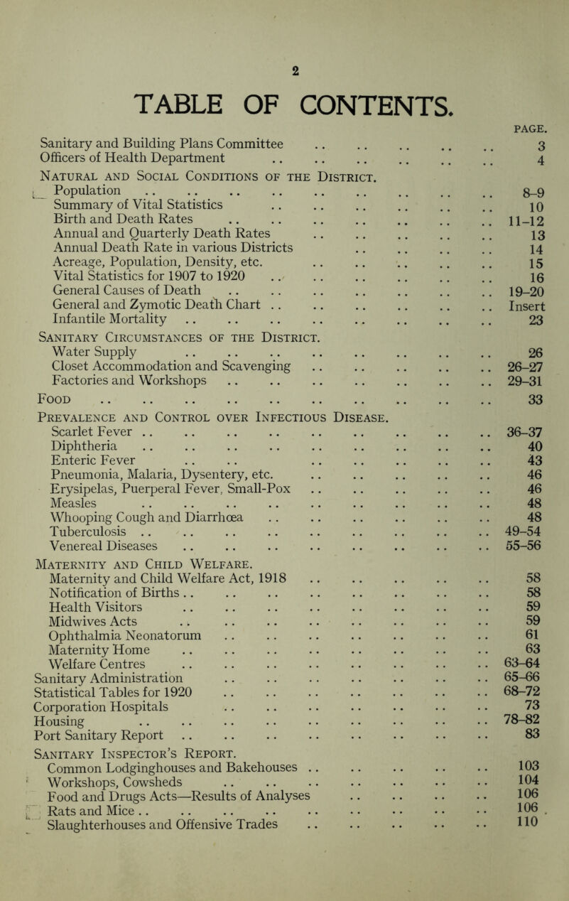 TABLE OF CONTENTS. PAGE. Sanitary and Building Plans Committee .. .. .. .. . # 3 Officers of Health Department .. .. .. .. .. . # 4 Natural and Social Conditions of the District. Population .. .. .. .. .. .. .. .. . # 8_9 Summary of Vital Statistics .. .. .. .. .. .. 10 Birth and Death Rates .. .. .. .. .. .. .. 11-12 Annual and Quarterly Death Rates .. .. .. .. .. 13 Annual Death Rate in various Districts .. .. .. .. 14 Acreage, Population, Density, etc. .. .. .. .. .. 15 Vital Statistics for 1907 to 1920 .. .. .. .. .. .. 16 General Causes of Death .. .. .. .. .. .. .. 19-20 General and Zymotic Deatli Chart .. .. .. .. .. .. Insert Infantile Mortality .. .. .. .. .. .. .. .. 23 Sanitary Circumstances of the District. Water Supply .. .. .. .. .. .. .. .. 26 Closet Accommodation and Scavenging .. .. .. .. .. 26-27 Factories and Workshops .. .. .. .. .. .. .. 29-31 Food 33 Prevalence and Control over Infectious Disease. Scarlet Fever .. .. .. .. .. .. .. .. .. 36-37 Diphtheria .. .. .. .. .. .. .. .. .. 40 Enteric Fever .. .. .. .. .. .. .. 43 Pneumonia, Malaria, Dysentery, etc. .. .. .. .. .. 46 Erysipelas, Puerperal Fever.. Small-Pox .. .. .. .. .. 46 Measles .. .. .. .. .. .. .. .. .. 48 Whooping Cough and Diarrhoea .. .. .. .. .. .. 48 Tuberculosis .. .. .. .. .. .. .. .. .. 49-54 Venereal Diseases .. .. .. .. .. .. .. .. 55-56 Maternity and Child Welfare. Maternity and Child Welfare Act, 1918 .. .. .. .. .. 58 Notification of Births .. .. .. .. .. .. .. .. 58 Health Visitors .. .. .. .. .. .. .. .. 59 Midwives Acts .. .. .. .. .. .. .. .. 59 Ophthalmia Neonatorum .. .. .. .. .. .. .. 61 Maternity Home .. .. .. .. .. .. .. .. 63 Welfare Centres .. .. .. .. .. .. .. .. 63-64 Sanitary Administration .. .. .. .. .. .. .. 65-66 Statistical Tables for 1920 .. .. .. .. .. •. .. 68-72 Corporation Hospitals .. .. .. .. .. .. .. 73 Housing .. .. .. .. .. .. .. •. • • 78-82 Port Sanitary Report .. .. .. .. .. .. .. .. 83 Sanitary Inspector’s Report. Common Lodginghouses and Bakehouses .. .. .. .. .. 103 Workshops, Cowsheds .. .. .. .. .. •. • • 104 Food and Drugs Acts—Results of Analyses .. .. .. .. 106 Rats and Mice.. .. .. .. .. .. •• •• •• 106 Slaughterhouses and Offensive Trades .. .. .. .. .. HO
