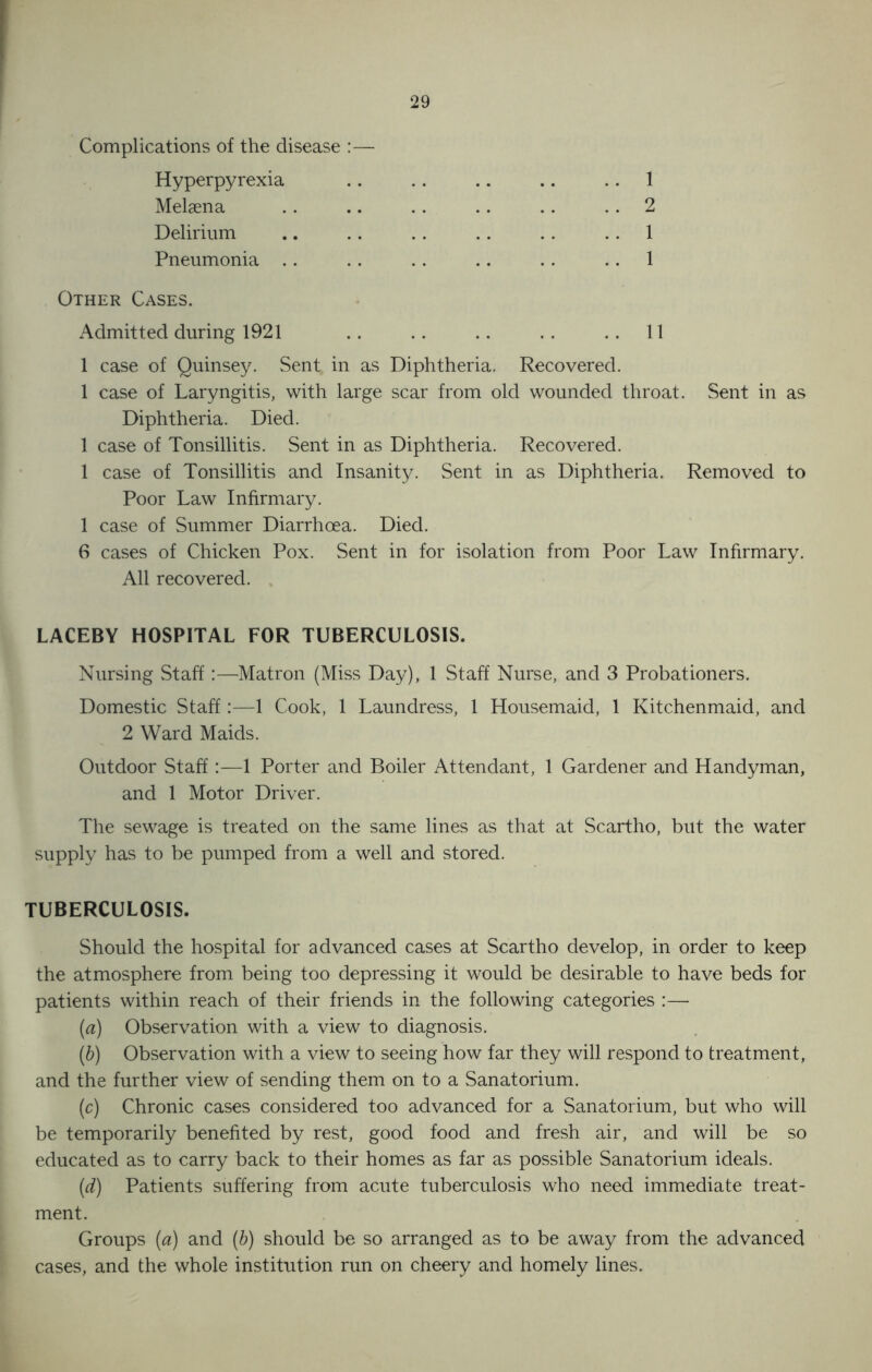 Complications of the disease Hyperpyrexia Melsena Delirium Pneumonia . 2 1 1 Other Cases. Admitted during 1921 11 1 case of Quinsey. Sent in as Diphtheria. Recovered. 1 case of Laryngitis, with large scar from old wounded throat. Sent in as Diphtheria. Died. 1 case of Tonsillitis. Sent in as Diphtheria. Recovered. 1 case of Tonsillitis and Insanity. Sent in as Diphtheria. Removed to Poor Law Infirmary. 1 case of Summer Diarrhoea. Died. 6 cases of Chicken Pox. Sent in for isolation from Poor Law Infirmary. All recovered. LACEBY HOSPITAL FOR TUBERCULOSIS. Nursing Staff:—Matron (Miss Day), 1 Staff Nurse, and 3 Probationers. Domestic Staff:—1 Cook, 1 Laundress, 1 Housemaid, 1 Kitchenmaid, and 2 Ward Maids. Outdoor Staff:—1 Porter and Boiler Attendant, 1 Gardener and Handyman, and 1 Motor Driver. The sewage is treated on the same lines as that at Scartho, but the water supply has to be pumped from a well and stored. TUBERCULOSIS. Should the hospital for advanced cases at Scartho develop, in order to keep the atmosphere from being too depressing it would be desirable to have beds for patients within reach of their friends in the following categories :— (a) Observation with a view to diagnosis. (b) Observation with a view to seeing how far they will respond to treatment, and the further view of sending them on to a Sanatorium. (c) Chronic cases considered too advanced for a Sanatorium, but who will be temporarily benefited by rest, good food and fresh air, and will be so educated as to carry back to their homes as far as possible Sanatorium ideals. (d) Patients suffering from acute tuberculosis who need immediate treat- ment. Groups (a) and (b) should be so arranged as to be away from the advanced cases, and the whole institution run on cheery and homely lines.