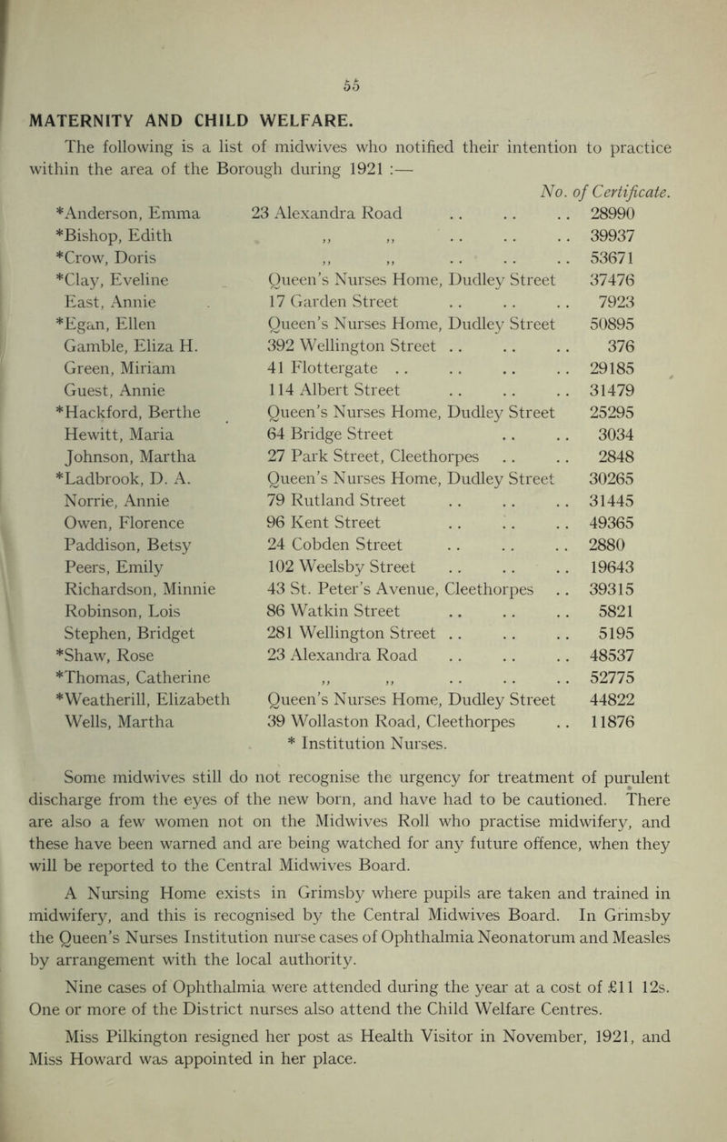 MATERNITY AND CHILD WELFARE. The following is a list of midwives who notified their intention to practice within the area of the Borough during 1921 :— No. of Certificate. * Anderson, Emma 23 Alexandra Road 28990 *Bishop, Edith ,, ,, 39937 *Crow, Doris ,, ,, 53671 *Clay, Eveline Queen’s Nurses Home, Dudley Street 37476 East, Annie 17 Garden Street 7923 *Egan, Ellen Queen’s Nurses Home, Dudley Street 50895 Gamble, Eliza H. 392 Wellington Street 376 Green, Miriam 41 Flottergate 29185 Guest, Annie 114 Albert Street 31479 *Hackford, Berthe Queen’s Nurses Home, Dudley Street 25295 Hewitt, Maria 64 Bridge Street 3034 Johnson, Martha 27 Park Street, Cleethorpes 2848 *Ladbrook, D. A. Queen’s Nurses Home, Dudley Street 30265 Norrie, Annie 79 Rutland Street 31445 Owen, Florence 96 Kent Street 49365 Paddison, Betsy 24 Cobden Street 2880 Peers, Emily 102 Weelsby Street 19643 Richardson, Minnie 43 St. Peter’s Avenue, Cleethorpes 39315 Robinson, Lois 86 Watkin Street 5821 Stephen, Bridget 281 Wellington Street 5195 *Shaw, Rose 23 Alexandra Road 48537 *Thomas, Catherine >> }f • • • • • • 52775 *Weatherill, Elizabeth Queen’s Nurses Home, Dudley Street 44822 Wells, Martha 39 Wollaston Road, Cleethorpes .. 11876 * Institution Nurses. Some midwives still do not recognise the urgency for treatment of purulent discharge from the eyes of the new born, and have had to be cautioned. There are also a few women not on the Midwives Roll who practise midwifery, and these have been warned and are being watched for any future offence, when they will be reported to the Central Midwives Board. A Nursing Home exists in Grimsby where pupils are taken and trained in midwifery, and this is recognised by the Central Midwives Board. In Grimsby the Queen’s Nurses Institution nurse cases of Ophthalmia Neonatorum and Measles by arrangement with the local authority. Nine cases of Ophthalmia were attended during the year at a cost of £11 12s. One or more of the District nurses also attend the Child Welfare Centres. Miss Pilkington resigned her post as Health Visitor in November, 1921, and Miss Howard was appointed in her place.