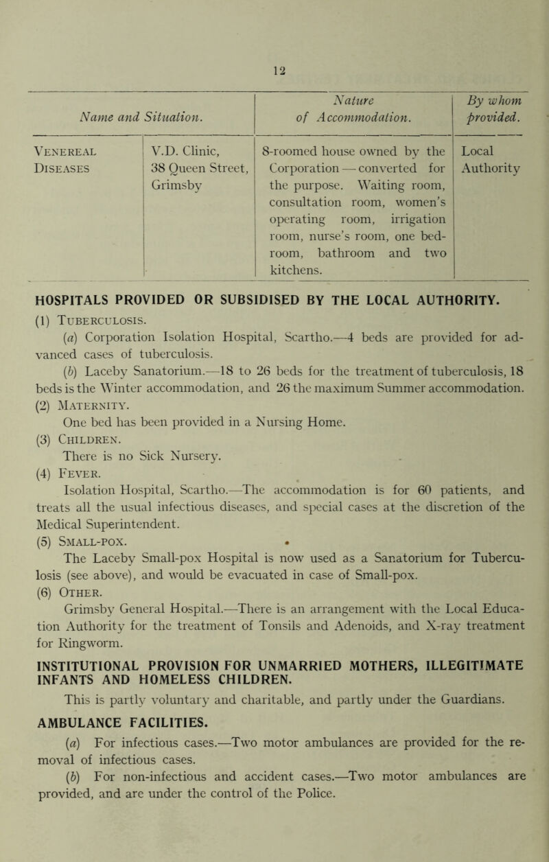 Alame and Situation. Nature of Accommodation. By whom provided. Venereal Diseases V.D. Clinic, 38 Queen Street, Grimsby 8-roomed house owned by the Corporation — converted for the purpose. Waiting room, consultation room, women’s operating room, irrigation room, nurse’s room, one bed- room, bathroom and two kitchens. Local Authority HOSPITALS PROVIDED OR SUBSIDISED BY THE LOCAL AUTHORITY. (1) Tuberculosis. [a) Corporation Isolation Hospital, Scartho.—4 beds are provided for ad- vanced cases of tuberculosis. (b) Laceby Sanatorium.—18 to 26 beds for the treatment of tuberculosis, 18 beds is the Winter accommodation, and 26 the maximum Summer accommodation. (2) Maternity. One bed has been provided in a Nursing Home. (3) Children. There is no Sick Nursery. (4) Fever. Isolation Hospital, Scartho.—The accommodation is for 60 patients, and treats all the usual infectious diseases, and special cases at the discretion of the Medical Superintendent. (5) Small-pox. The Laceby Small-pox Hospital is now used as a Sanatorium for Tubercu- losis (see above), and would be evacuated in case of Small-pox. (6) Other. Grimsby General Hospital.—There is an arrangement with the Local Educa- tion Authority for the treatment of Tonsils and Adenoids, and X-ray treatment for Ringworm. INSTITUTIONAL PROVISION FOR UNMARRIED MOTHERS, ILLEGITIMATE INFANTS AND HOMELESS CHILDREN. This is partly voluntary and charitable, and partly under the Guardians. AMBULANCE FACILITIES. (a) For infectious cases.—Two motor ambulances are provided for the re- moval of infectious cases. (b) For non-infectious and accident cases.—Two motor ambulances are provided, and are under the control of the Police.