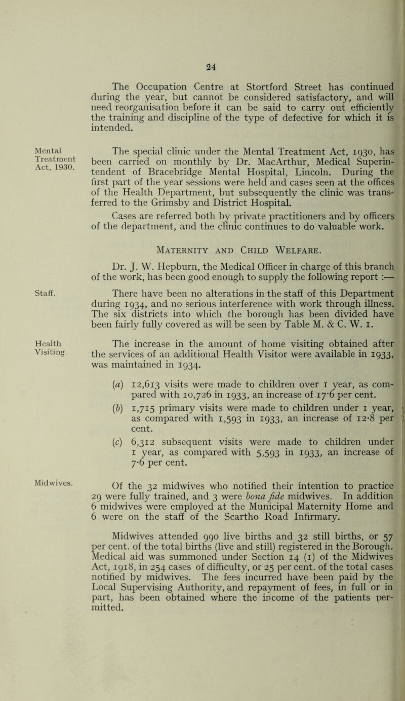 Mental Treatment Act, 1930. Staff. Health Visiting. Midwives. The Occupation Centre at Stortford Street has continued during the year, but cannot be considered satisfactory, and will need reorganisation before it can be said to carry out efficiently the training and discipline of the type of defective for which it is intended. The special clinic under the Mental Treatment Act, 1930, has been carried on monthly by Dr. MacArthur, Medical Superin- tendent of Bracebridge Mental Hospital, Lincoln. During the first part of the year sessions were held and cases seen at the offices of the Health Department, but subsequently the clinic was trans- ferred to the Grimsby and District Hospital. Cases are referred both by private practitioners and by officers of the department, and the clinic continues to do valuable work. Maternity and Child Welfare. Dr. J. W. Hepburn, the Medical Officer in charge of this branch of the work, has been good enough to supply the following report :— There have been no alterations in the staff of this Department during 1934, and no serious interference with work through illness. The six districts into which the borough has been divided have been fairly fully covered as will be seen by Table M. & C. W. 1. The increase in the amount of home visiting obtained after the services of an additional Health Visitor were available in 1933, was maintained in 1934. (a) 12,613 visits were made to children over 1 year, as com- pared with 10,726 in 1933, an increase of 17*6 per cent. (&) 1,715 primary visits were made to children under 1 year, as compared with 1,593 in 1933, an increase of 12-8 per cent. (c) 6,312 subsequent visits were made to children under 1 year, as compared with 5,593 in 1933, an increase of 7-6 per cent. Of the 32 midwives who notified their intention to practice 29 were fully trained, and 3 were bona fide midwives. In addition 6 midwives were employed at the Municipal Maternity Home and 6 were on the staff of the Scartho Road Infirmary. Midwives attended 990 live births and 32 still births, or 57 per cent, of the total births (live and still) registered in the Borough. Medical aid was summoned under Section 14 (1) of the Midwives Act, 1918, in 254 cases of difficulty, or 25 per cent, of the total cases notified by mid wives. The fees incurred have been paid by the Local Supervising Authority, and repayment of fees, in full or in part, has been obtained where the income of the patients per- mitted.