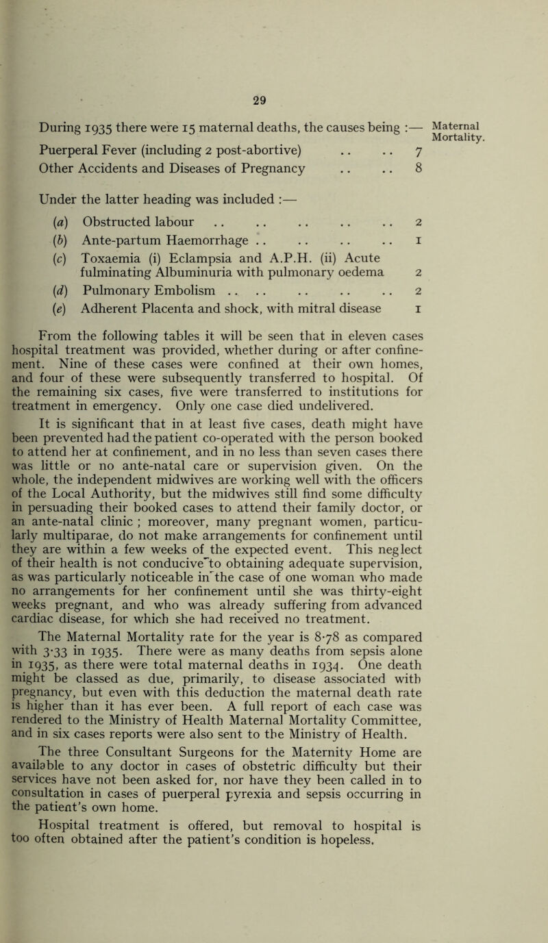 During 1935 there were 15 maternal deaths, the causes being :— Puerperal Fever (including 2 post-abortive) .. .. 7 Other Accidents and Diseases of Pregnancy .. .. 8 Maternal Mortality. Under the latter heading was included :— (a) Obstructed labour .. .. .. .. .. 2 (b) Ante-partum Haemorrhage .. .. .. .. 1 (1c) Toxaemia (i) Eclampsia and A.P.H. (ii) Acute fulminating Albuminuria with pulmonary oedema 2 (d) Pulmonary Embolism .. .. .. .. .. 2 (e) Adherent Placenta and shock, with mitral disease 1 From the following tables it will be seen that in eleven cases hospital treatment was provided, whether during or after confine- ment. Nine of these cases were confined at their own homes, and four of these were subsequently transferred to hospital. Of the remaining six cases, five were transferred to institutions for treatment in emergency. Only one case died undelivered. It is significant that in at least five cases, death might have been prevented had the patient co-operated with the person booked to attend her at confinement, and in no less than seven cases there was little or no ante-natal care or supervision given. On the whole, the independent midwives are working well with the officers of the Local Authority, but the midwives still find some difficulty in persuading their booked cases to attend their family doctor, or an ante-natal clinic ; moreover, many pregnant women, particu- larly multiparae, do not make arrangements for confinement until they are within a few weeks of the expected event. This neglect of their health is not conduciveTo obtaining adequate supervision, as was particularly noticeable inthe case of one woman who made no arrangements for her confinement until she was thirty-eight weeks pregnant, and who was already suffering from advanced cardiac disease, for which she had received no treatment. The Maternal Mortality rate for the year is 878 as compared with 3-33 in 1935. There were as many deaths from sepsis alone in 1935, as there were total maternal deaths in 1934. One death might be classed as due, primarily, to disease associated with pregnancy, but even with this deduction the maternal death rate is higher than it has ever been. A full report of each case was rendered to the Ministry of Health Maternal Mortality Committee, and in six cases reports were also sent to the Ministry of Health. The three Consultant Surgeons for the Maternity Home are available to any doctor in cases of obstetric difficulty but their services have not been asked for, nor have they been called in to consultation in cases of puerperal pyrexia and sepsis occurring in the patient’s own home. Hospital treatment is offered, but removal to hospital is too often obtained after the patient’s condition is hopeless.