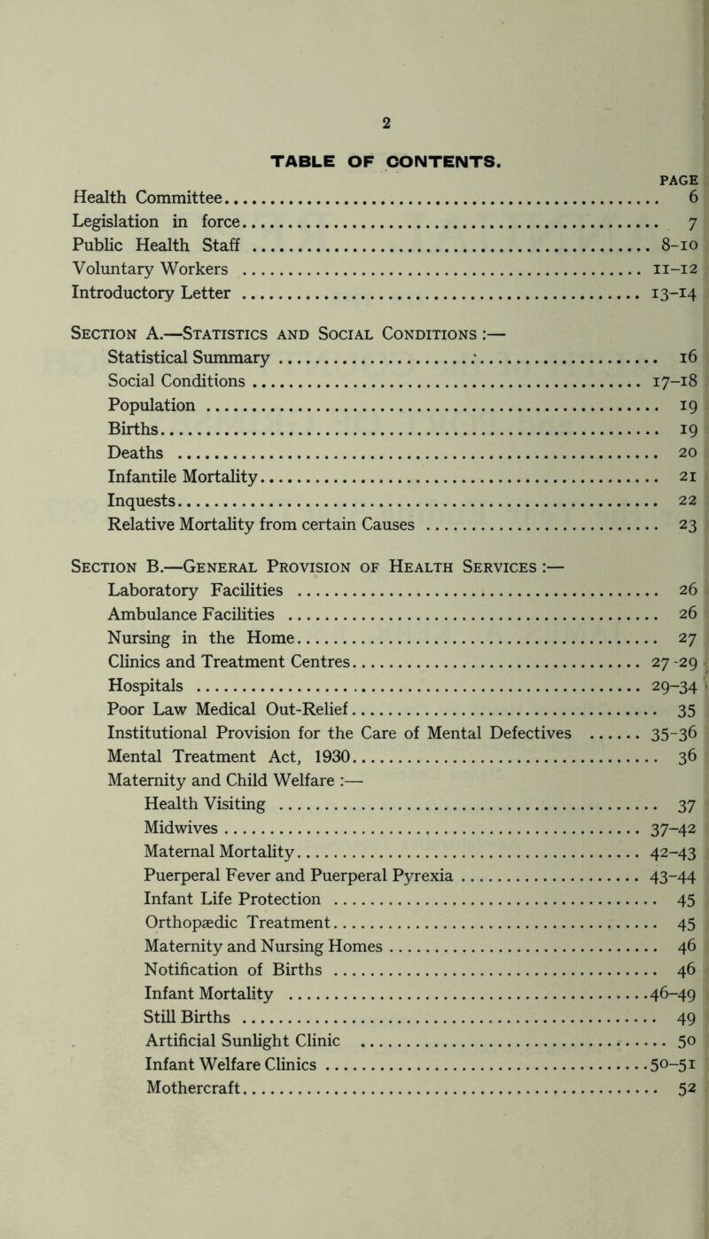 TABLE OF CONTENTS. PAGE Health Committee 6 Legislation in force 7 Public Health Staff 8-io Voluntary Workers 11-12 Introductory Letter 13-14 Section A.—Statistics and Social Conditions :— Statistical Summary ; 16 Social Conditions 17-18 Population 19 Births 19 Deaths 20 Infantile Mortality 21 Inquests 22 Relative Mortality from certain Causes 23 Section B.—General Provision of Health Services Laboratory Facilities 26 Ambulance Facilities 26 Nursing in the Home 27 Clinics and Treatment Centres 27-29 Hospitals 29-34 . Poor Law Medical Out-Relief 35 Institutional Provision for the Care of Mental Defectives 35-36 Mental Treatment Act, 1930 36 Maternity and Child Welfare :— Health Visiting 37 Midwives 37-42 Maternal Mortality 42-43 Puerperal Fever and Puerperal Pyrexia 43-44 Infant Life Protection 45 Orthopaedic Treatment 45 Maternity and Nursing Homes 46 Notification of Births 46 Infant Mortality 46-49 Still Births 49 Artificial Sunlight Clinic 50 Infant Welfare Clinics 50-51 Mothercraft 52