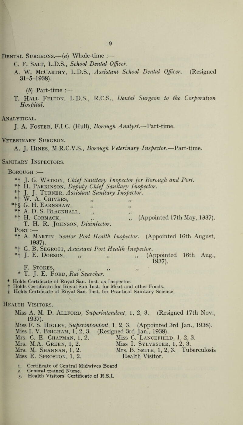 Dental Surgeons.—(a) Whole-time :—• C. F. Salt, L.D.S., School Dental Officer. A. W. McCarthy, L.D.S., Assistant School Dental Officer. (Resigned 31-5-1938). (b) Part-time :— T. Hall Felton, L.D.S., R.C.S., Dental Surgeon to the Corporation Hospital. Analytical. J. A. Foster, F.I.C. (Hull), Borough Analyst.—Part-time. Veterinary Surgeon. A. J. Hines, M.R.C.V.S., Borough Veterinary Inspector.—Part-time. Sanitary Inspectors. Borough :— *f J. G. Watson, Chief Sanitary Inspector for Borough and Port. H. Parkinson, Deputy Chief Sanitary Inspector. J. J. Turner, Assistant Sanitary Inspector. *f W. A. Chivers, *t§ G. H. Earnshaw, A. D. S. Blackhall, „ *t H. Cormack, ,. „ (Appointed 17th May, 1937). T. H. R. Johnson, Disinfector. Port *f A. Martin, Senior Port Health Inspector. (Appointed 16th August, 1937). *f G. B. Segrott, Assistant Port Health Inspector. *f J. E. Dobson, ,, ,, ,, (Appointed 16th Aug., 1937). F. Stokes, „ „ * T. J. E. Ford, Rat Searcher. * Holds Certificate of Royal San. Inst, as Inspector, f Holds Certificate for Royal San Inst, for Meat and other Foods. § Holds Certificate of Royal San. Inst, for Practical Sanitary Science, (Resigned 17th Nov., Health Visitors. Miss A. M. D. Allford, Superintendent, 1, 2, 3. 1937). Miss F. S. Higley, Superintendent, 1, 2, 3. (Appointed 3rd Jan., 1938). Miss I. V. Brigham, 1, 2, 3. (Resigned 3rd Jan., 1938). Mrs. C. E. Chapman, 1, 2. Miss C. Lancefield, 1, 2, 3. Mrs. M.A. Green, 1, 2. Miss I. Sylvester, 1, 2, 3. Mrs. M. Shannan, 1, 2. Mrs. B. Smith, 1, 2, 3. Tuberculosis Miss E. Sproston, 1, 2. Health Visitor. 1. Certificate of Central Mid wives Boaid 2. General trained Nurse. 3. Health Visitors’ Certificate of R.S.I.