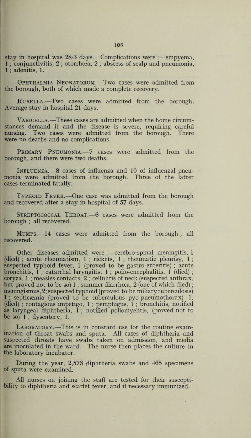 stay in hospital was 28-3 days. Complications were :—empyema, 1 ; conjunctivitis, 2 ; otorrhcea, 2 ; abscess of scalp and pneumonia, 1 ; adenitis, 1. Ophthalmia Neonatorum.—Two cases were admitted from the borough, both of which made a complete recovery. Rubella.—Two cases were admitted from the borough. Average stay in hospital 21 days. Varicella.—These cases are admitted when the home circum- stances demand it and the disease is severe, requiring careful nursing. Two cases were admitted from the borough. There were no deaths and no complications. Primary Pneumonia.—7 cases were admitted from the borough, and there were two deaths. Influenza.—8 cases of influenza and 10 of influenzal pneu- monia were admitted from the borough. Three of the latter cases terminated fatally. Typhoid Fever.—One case was admitted from the borough and recovered after a stay in hospital of 57 days. Streptococcal Throat.—6 cases wore admitted from the borough ; all recovered. Mumps.—14 cases were admitted from the borough ; all recovered. Other diseases admitted were :—cerebro-spinal meningitis, 1 (died) ; acute rheumatism, 1 ; rickets, 1 ; rheumatic pleurisy, 1 ; suspected typhoid fever, 1 (proved to be gastro-enteritis) ; acute bronchitis, 1 ; catarrhal laryngitis, 1 ; polio-encephalitis, 1 (died) ; coryza, 1 ; measles contacts, 2 ; cellulitis of neck (suspected anthrax, but proved not to be so) 1 ; summer diarrhoea, 2 (one of which died); meningismus, 2; suspected typhoid (proved to be miliary tuberculosis) 1 ; septicaemia (proved to be tuberculous pyo-pneumothorax) 1, (died) ; contagious impetigo, 1 ; pemphigus, 1 ; bronchitis, notified as laryngeal diphtheria, 1 ; notified poliomyelitis, (proved not to be so) 1 ; dysentery, 1. Laboratory.—This is in constant use for the routine exam- ination of throat swabs and sputa. All cases of diphtheria and suspected throats have swabs taken on admission, and media are inoculated in the ward. The nurse then places the culture in the laboratory incubator. During the year, 2,576 diphtheria swabs and 465 specimens of sputa were examined. All nurses on joining the staff are tested for their suscepti- bility to diphtheria and scarlet fever, and if necessary immunized.