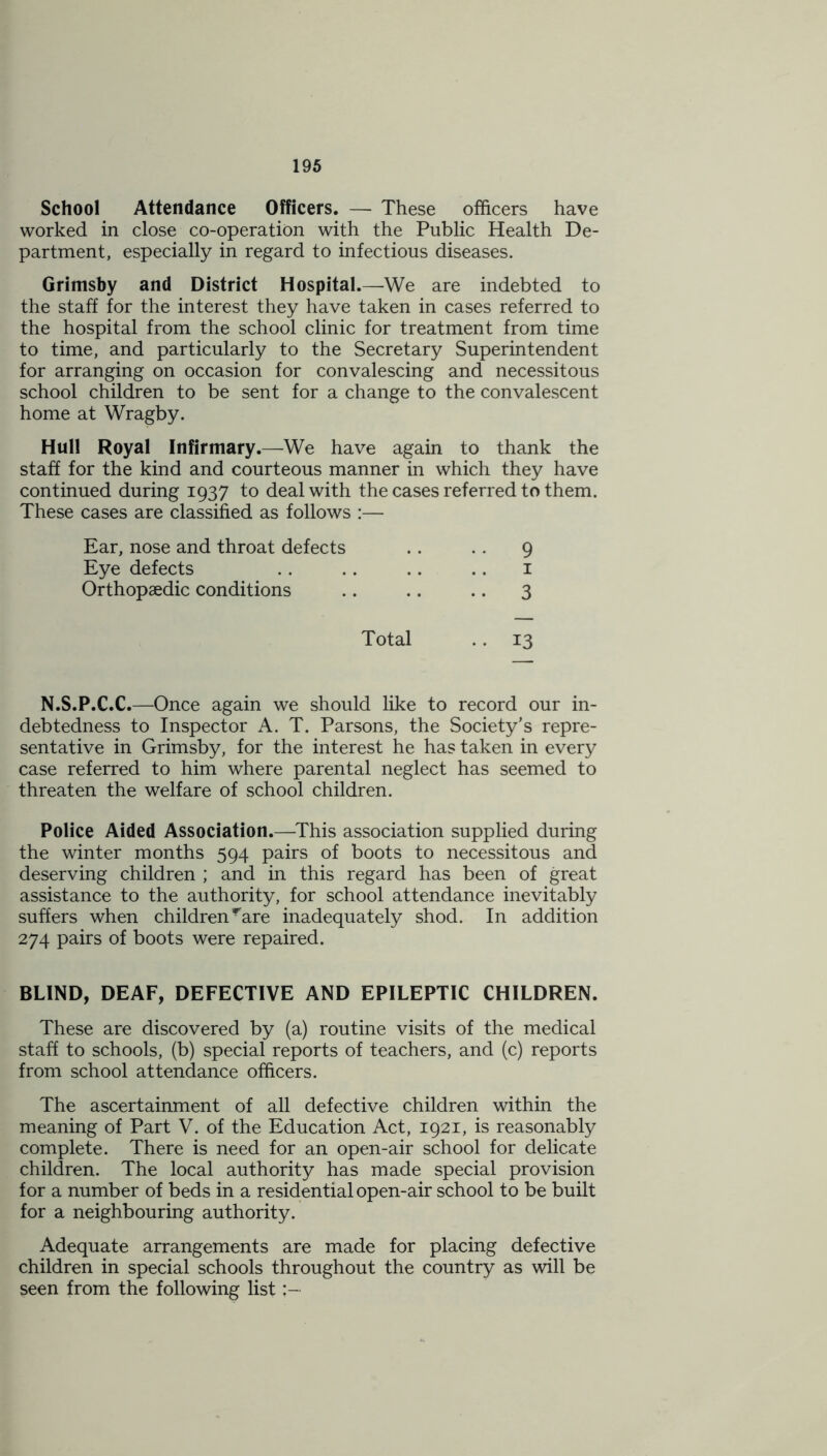 School Attendance Officers. — These officers have worked in close co-operation with the Public Health De- partment, especially in regard to infectious diseases. Grimsby and District Hospital.—We are indebted to the staff for the interest they have taken in cases referred to the hospital from the school clinic for treatment from time to time, and particularly to the Secretary Superintendent for arranging on occasion for convalescing and necessitous school children to be sent for a change to the convalescent home at Wragby. Hull Royal Infirmary.—We have again to thank the staff for the kind and courteous manner in which they have continued during 1937 to deal with the cases referred to them. These cases are classified as follows :— Ear, nose and throat defects .. .. 9 Eye defects .. .. .. .. 1 Orthopaedic conditions .. .. .. 3 Total .. 13 N.S.P.C.C.—Once again we should like to record our in- debtedness to Inspector A. T. Parsons, the Society’s repre- sentative in Grimsby, for the interest he has taken in every case referred to him where parental neglect has seemed to threaten the welfare of school children. Police Aided Association.—This association supplied during the winter months 594 pairs of boots to necessitous and deserving children ; and in this regard has been of great assistance to the authority, for school attendance inevitably suffers when children rare inadequately shod. In addition 274 pairs of boots were repaired. BLIND, DEAF, DEFECTIVE AND EPILEPTIC CHILDREN. These are discovered by (a) routine visits of the medical staff to schools, (b) special reports of teachers, and (c) reports from school attendance officers. The ascertainment of all defective children within the meaning of Part V. of the Education Act, 1921, is reasonably complete. There is need for an open-air school for delicate children. The local authority has made special provision for a number of beds in a residential open-air school to be built for a neighbouring authority. Adequate arrangements are made for placing defective children in special schools throughout the country as will be seen from the following list