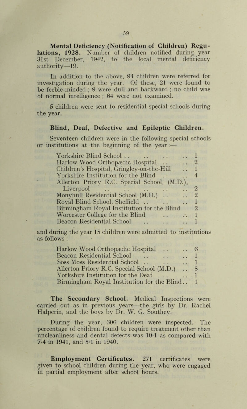 Mental Deficiency (Notification of Children) Regu- lations, 1928. Number of children notified during year 31st December, 1942, to the local mental deficiency authority—49. In addition to the above, 94 children were referred for investigation during the year. Of these, 21 were found to be feeble-minded ; 9 were dull and backward ; no child was of normal intelligence ; 64 were not examined. 5 children were sent to residential special schools during the year. Blind, Deaf, Defective and Epileptic Children. Seventeen children were in the following special schools or institutions at the beginning of the year:— Yorkshire Blind School .. .. .. 1 Harlow Wood Orthopaedic Hospital .. 2 Children’s Hospital, Gringley-on-the-Hill .. 1 Yorkshire Institution for the Blind .. 4 Allerton Priory R.C. Special School, (M.D.), Liverpool .. . . .. . . 2 Monyhull Residential School (M.D.) .. 2 Royal Blind School, Sheffield .. .. 1 Birmingham Royal Institution for the Blind 2 Worcester College for the Blind .. 1 Beacon Residential School .. .. 1 and during the year 15 children were admitted to institutions as follows :— Harlow Wood Orthopaedic Hospital .. .. 6 Beacon Residential School .. .. .. 1 Soss Moss Residential School .. .. 1 Allerton Priory R.C. Special School (M.D.) .. 5 Yorkshire Institution for the Deaf . . 1 Birmingham Royal Institution for the Blind.. 1 The Secondary School. Medical Inspections were carried out as in previous years—the girls by Dr. Rachel Halperin, and the boys by Dr. W. G. Southey. During the year, 306 children were inspected. The percentage of children found to require treatment other than uncleanliness and dental defects was 10T as compared with 7-4 in 1941, and 5*1 in 1940. Employment Certificates. 271 certificates were given to school children during the year, who were engaged in partial employment after school hours.