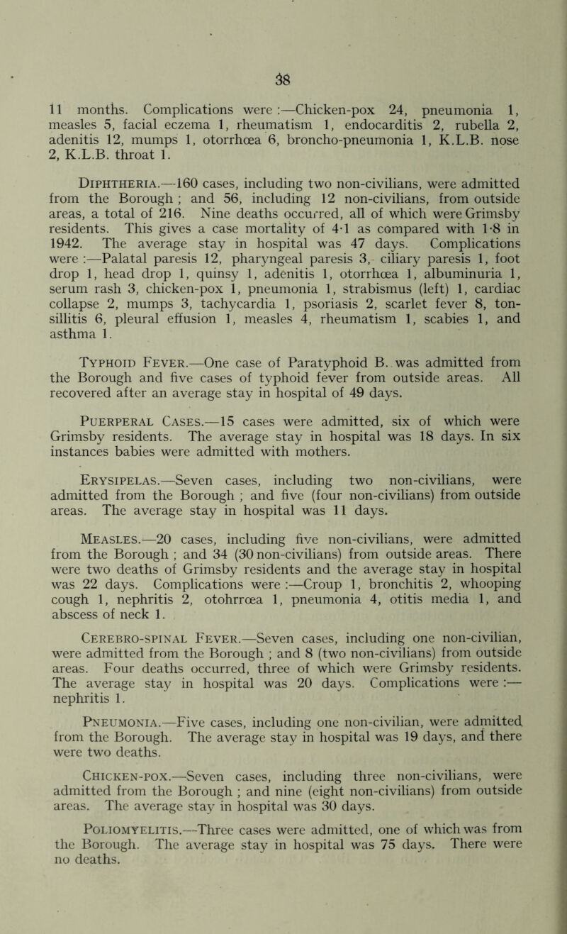 11 months. Complications were:—Chicken-pox 24, pneumonia 1, measles 5, facial eczema 1, rheumatism 1, endocarditis 2, rubella 2, adenitis 12, mumps 1, otorrhoea 6, broncho-pneumonia 1, K.L.B. nose 2, K.L.B. throat 1. Diphtheria.—160 cases, including two non-civilians, were admitted from the Borough ; and 56, including 12 non-civilians, from outside areas, a total of 216. Nine deaths occurred, all of which were Grimsby residents. This gives a case mortality of 4-1 as compared with 1-8 in 1942. The average stay in hospital was 47 days. Complications were :—Palatal paresis 12, pharyngeal paresis 3, ciliary paresis 1, foot drop 1, head drop 1, quinsy 1, adenitis 1, otorrhoea 1, albuminuria 1, serum rash 3, chicken-pox 1, pneumonia 1, strabismus (left) 1, cardiac collapse 2, mumps 3, tachycardia 1, psoriasis 2, scarlet fever 8, ton- sillitis 6, pleural effusion 1, measles 4, rheumatism 1, scabies 1, and asthma 1. Typhoid Fever.—One case of Paratyphoid B. was admitted from the Borough and five cases of typhoid fever from outside areas. All recovered after an average stay in hospital of 49 days. Puerperal Cases.—15 cases were admitted, six of which were Grimsby residents. The average stay in hospital was 18 days. In six instances babies were admitted with mothers. Erysipelas.—Seven cases, including two non-civilians, were admitted from the Borough ; and five (four non-civilians) from outside areas. The average stay in hospital was 11 days. Measles.—20 cases, including five non-civilians, were admitted from the Borough ; and 34 (30 non-civilians) from outside areas. There were two deaths of Grimsby residents and the average stay in hospital was 22 days. Complications were :—Croup 1, bronchitis 2, whooping cough 1, nephritis 2, otohrroea 1, pneumonia 4, otitis media 1, and abscess of neck 1. Cerebrospinal Fever.—Seven cases, including one non-civilian, were admitted from the Borough ; and 8 (two non-civilians) from outside areas. Four deaths occurred, three of which were Grimsby residents. The average stay in hospital was 20 days. Complications were :— nephritis 1. Pneumonia.—Five cases, including one non-civilian, were admitted from the Borough. The average stay in hospital was 19 days, and there were two deaths. Chicken-pox.—Seven cases, including three non-civilians, were admitted from the Borough ; and nine (eight non-civilians) from outside areas. The average stay in hospital was 30 days. Poliomyelitis.—Three cases were admitted, one of which was from the Borough. The average stay in hospital was 75 days. There were no deaths.
