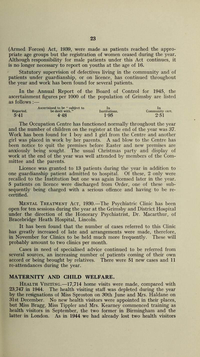 (Armed Forces) Act, 1939, were made as patients reached the appro- priate age groups but the registration of women ceased during the year. Although responsibility for male patients under this Act continues, it is no longer necessary to report on youths at the age of 16. Statutory supervision of defectives living in the community and of patients under guardianship, or on licence, has continued throughout the year and work has been found for several patients. In the Annual Report of the Board of Control for 1945, the ascertainment figures per 1000 of the population of Grimsby are listed as follows:— Ascertained to be “ subject to In In Reported. be dealt with.'* Institutions. Community care. 5*41 448 1-95 251 The Occupation Centre has functioned normally throughout the year and the number of children on the register at the end of the year was 37. Work has been found for 1 boy and 1 girl from the Centre and another girl was placed in work by her parents. A sad blow to the Centre has been notice to quit the premises before Easter and new premises are anxiously being sought. The usual Christmas party and display of work at the end of the year was well attended by members of the Com- mittee and the parents. Licence was granted to 13 patients during the year in addition to one guardianship patient admitted to hospital. Of these, 2 only were recalled to the Institution but one was again licensed later in the year. 5 patients on licence were discharged from Order, one of these sub- sequently being charged with a serious offence and having to be re- certified. Mental Treatment Act, 1930.—The Psychiatric Clinic has been open for ten sessions during the year at the Grimsby and District Hospital under the direction of the Honorary Psychiatrist, Dr. Macarthur, of Bracebridge Heath Hospital, Lincoln. It has been found that the number of cases referred to this Clinic has greatly increased of late and arrangements were made, therefore, in November for Clinics to be held much more frequently. These will probably amount to two clinics per month. Cases in need of specialised advice continued to be referred from several sources, an increasing number of patients coming of their own accord or being brought by relatives. There were 51 new cases and 11 re-attendances during the year. MATERNITY AND CHILD WELFARE. Health Visiting.—17,714 home visits were made, compared with 23,747 in 1944. The health visiting staff was depleted during the year by the resignations of Miss Sproston on 30th June and Mrs. Haldane on 31st December. No new health visitors were appointed in their places, but Miss Bragg, Miss Tippler and Mrs. Kearney commenced training as health visitors in September, the two former in Birmingham and the latter in London. As in 1944 we had already lost two health visitors