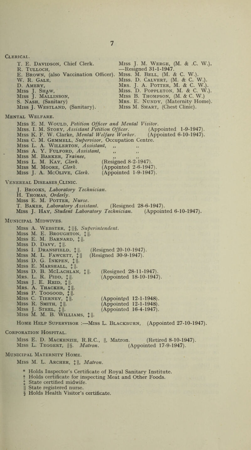 Clerical. T. E. Davidson, Chief Clerk. R. Tulloch, E. Brown, (also Vaccination Officer). W. R. Gale, D. Amery, Miss J. Sh^w, Miss J. Mallinson, S. Nash, (Sanitary) Miss J. Westland, (Sanitary). Mental Welfare. Miss J. M. Werge, (M. & .C. W.). —Resigned 31-1-1947. Miss. M. Bell, (M. & C. W.). Miss. D. Calvert, (M. & C. W.). Mrs. J. A. Potter, M. & C. W.). Miss. D. Poppleton, M. & C. W.). Miss B. Thompson, (M. & C. W.) Mrs. E. Nundy, (Maternity Home). Miss M. Smart, (Chest Clinic). Miss E. M. Would, Petition Officer and Mental Visitor. Miss. I. M. Story, Assistant Petition Officer. (Appointed 1-9-1947). Miss K. F. W. Clarke, Mental Welfare Worker. (Appointed 6-10-1947). Miss C. M. Gemmell, Supervisor, Occupation Centre. Miss L. A. Willerton, Assistant, Miss A. Y. Fulford, Assistant, Miss M. Barker, Trainee, Miss L. M. Kay, Clerk. (Resigned 8-2-1947). Miss M. Moore, Clerk. (Appointed 2-6-1947). Miss J. A. McOlive, Clerk. (Appointed 1-9-1947). Venereal Diseases Clinic. J. Brooks, Laboratory Technician. H. Thomas, Orderly. Miss E. M. Potter, Nurse. T. Baker, Laboratory Assistant. (Resigned 28-6-1947). Miss J. Hay, Student Laboratory Technician. (Appointed 6-10-1947). Municipal Mid wives. Miss Miss Miss Miss Miss Miss Miss Miss Miss Mrs. Miss Mrs. Miss Miss Miss Miss Miss A. Webster, X ||§, Superintendent. M. E. Broughton, X ||. E. M. Barnard, J ||. D. Davy, {||. I. Dransfield, {||. (Resigned 20-10-1947). M. L. Fawcett, X1| (Resigned 30-9-1947). D. G. Inkpen, 11|. E. Marshall, +1|. D. B. McLachlan, |||. (Resigned 28-11-1947). L. R. Pidd, +||. (Appointed 18-10-1947). J. E. Reid, {||. A. Thacker, X ||. P. Toogood, t||. C. Tierney, X1|. R. Smith, J ||. J. Steel, J||. M. M. B. Williams, J ||. (Appointed 12-1-1948). (Appointed 12-1-1948). (Appointed 16-4-1947). Home Help Supervisor :—Miss L. Blackburn, (Appointed 27-10-1947). Corporation Hospital. Miss E. D. Mackenzie, R.R.C., ||, Matron. (Retired 8-10-1947). Miss L. Teggert, ||§. Matron. (Appointed 17-9-1947). Municipal Maternity Home. Miss M. L. Archer, X ||, Matron. * Holds Inspector’s Certificate of Royal Sanitary Institute, f Holds certificate for inspecting Meat and Other Foods. X State certified midwife. || State registered nurse. § Holds Health Visitor’s certificate.
