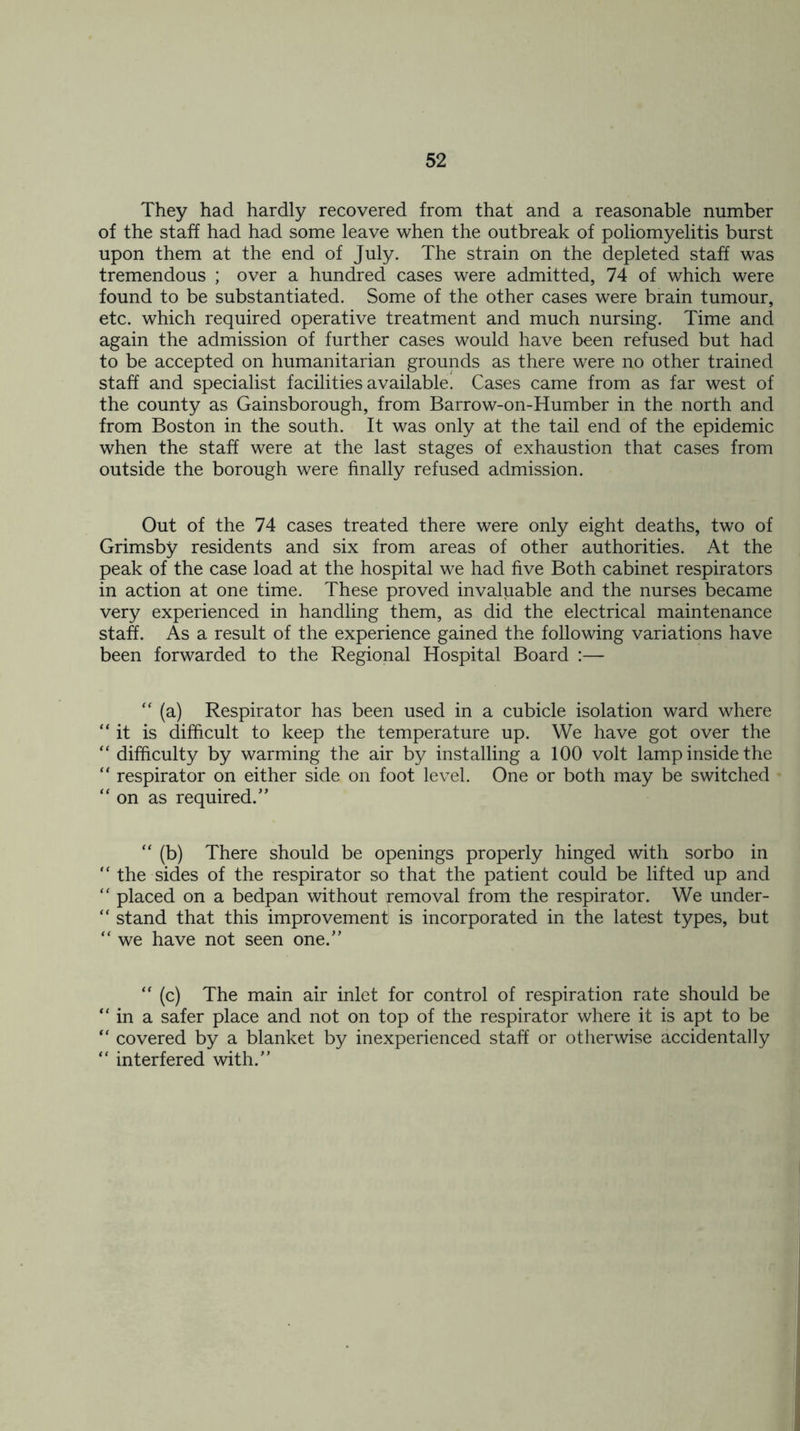 They had hardly recovered from that and a reasonable number of the staff had had some leave when the outbreak of poliomyelitis burst upon them at the end of July. The strain on the depleted staff was tremendous ; over a hundred cases were admitted, 74 of which were found to be substantiated. Some of the other cases were brain tumour, etc. which required operative treatment and much nursing. Time and again the admission of further cases would have been refused but had to be accepted on humanitarian grounds as there were no other trained staff and specialist facilities available. Cases came from as far west of the county as Gainsborough, from Barrow-on-Humber in the north and from Boston in the south. It was only at the tail end of the epidemic when the staff were at the last stages of exhaustion that cases from outside the borough were finally refused admission. Out of the 74 cases treated there were only eight deaths, two of Grimsby residents and six from areas of other authorities. At the peak of the case load at the hospital we had five Both cabinet respirators in action at one time. These proved invaluable and the nurses became very experienced in handling them, as did the electrical maintenance staff. As a result of the experience gained the following variations have been forwarded to the Regional Hospital Board :— “ (a) Respirator has been used in a cubicle isolation ward where “it is difficult to keep the temperature up. We have got over the “ difficulty by warming the air by installing a 100 volt lamp inside the “ respirator on either side on foot level. One or both may be switched “on as required.” “ (b) There should be openings properly hinged with sorbo in “ the sides of the respirator so that the patient could be lifted up and “ placed on a bedpan without removal from the respirator. We under- “ stand that this improvement is incorporated in the latest types, but “ we have not seen one.” “ (c) The main air inlet for control of respiration rate should be “ in a safer place and not on top of the respirator where it is apt to be “ covered by a blanket by inexperienced staff or otherwise accidentally “ interfered with.”