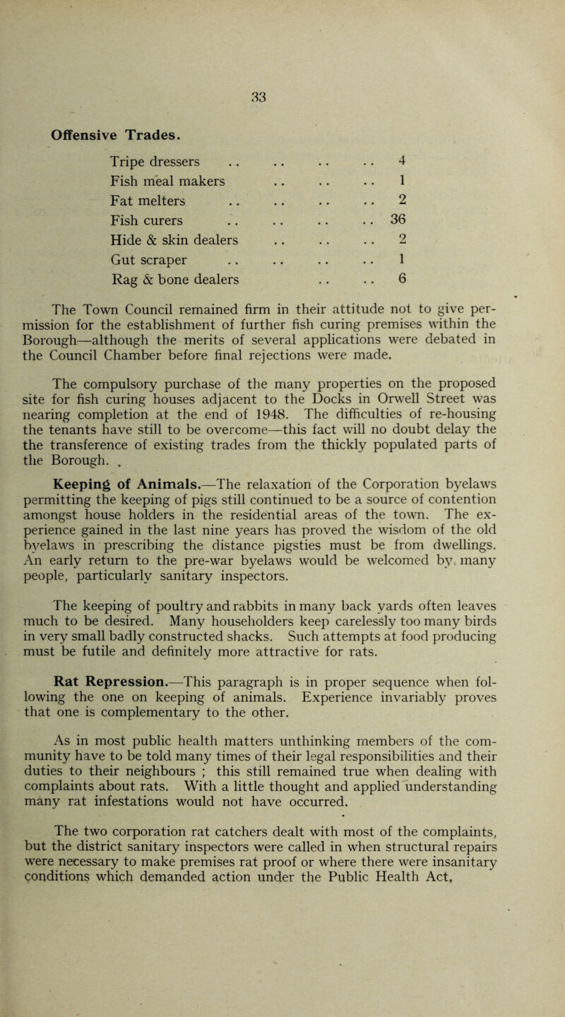 Offensive Trades. Tripe dressers .. .. .. . • 4 Fish meal makers .. .. .. 1 Fat melters .. .. .. .. 2 Fish curers .. .. .. .. 36 Hide & skin dealers .. .. .. 2 Gut scraper .. .. .. .. 1 Rag & bone dealers .. .. 6 The Town Council remained firm in their attitude not to give per- mission for the establishment of further fish curing premises within the Borough—although the merits of several applications were debated in the Council Chamber before final rejections were made. The compulsory purchase of the many properties on the proposed site for fish curing houses adjacent to the Docks in Orwell Street was nearing completion at the end of 1948. The difficulties of re-housing the tenants have still to be overcome—-this fact will no doubt delay the the transference of existing trades from the thickly populated parts of the Borough. . Keeping of Animals.—The relaxation of the Corporation byelaws permitting the keeping of pigs still continued to be a source of contention amongst house holders in the residential areas of the town. The ex- perience gained in the last nine years has proved the wisdom of the old byelaws in prescribing the distance pigsties must be from dwellings. An early return to the pre-war byelaws would be welcomed by many people, particularly sanitary inspectors. The keeping of poultry and rabbits in many back yards often leaves much to be desired. Many householders keep carelessly too many birds in very small badly constructed shacks. Such attempts at food producing must be futile and definitely more attractive for rats. Rat Repression.—This paragraph is in proper sequence when fol- lowing the one on keeping of animals. Experience invariably proves that one is complementary to the other. As in most public health matters unthinking members of the com- munity have to be told many times of their legal responsibilities and their duties to their neighbours ; this still remained true when dealing with complaints about rats. With a little thought and applied understanding many rat infestations would not have occurred. The two corporation rat catchers dealt with most of the complaints, but the district sanitary inspectors were called in when structural repairs were necessary to make premises rat proof or where there were insanitary conditions which demanded action under the Public Health Act,
