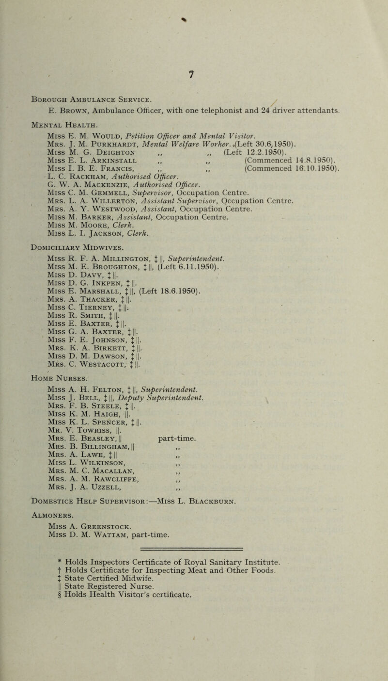 Borough Ambulance Service. E. Brown, Ambulance Officer, with one telephonist and 24 driver attendants. Mental Health. Miss E. M. Would, Petition Officer and Mental Visitor. Mrs. J. M. Purkhardt, Mental Welfare Worker. .{Left 30.6,1950). Miss M. G. Deighton ,, ,, (Left 12.2.1950). Miss E. L. Arkinstall ,, ,, (Commenced 14.8.1950). Miss I. B. E. Francis, ,, ,, (Commenced 16.10.1950). L. C. Rackham, Authorised Officer. G. W. A. Mackenzie, Authorised Officer. Miss C. M. Gemmell, Supervisor, Occupation Centre. Mrs. L. A. Willerton, Assistant Supervisor, Occupation Centre. Mrs. A. Y. Westwood, Assistant, Occupation Centre. Miss M. Barker, Assistant, Occupation Centre. Miss M. Moore, Clerk. Miss L. I. Jackson, Clerk. Domiciliary Midwives. Miss R. F. A. Millington, X II. Superintendent. Miss M. E. Broughton, X II, (Left 6.11.1950). Miss D. Davy, X II- Miss D. G. Inkpen, X II- Miss E. Marshall, X II. (Left 18.6.1950). Mrs. A. Thacker, X II- Miss C. Tierney, X II- Miss R. Smith, X 11- Mis.s E. Baxter, X II- Miss G. A. Baxter, 11|. Miss F. E. Johnson, J||. Mrs. K. A. Birkett, X II- Miss D. M. Dawson, J ||. Mrs. C. Westacott, J||. Home Nurses. Miss A. H. Felton, X II. Superintendent. Miss J. Bell, J||, Deputy Superintendent. Mrs. F. B. Steele, X II- Miss K. M. Haigh, ||. Miss K. L. Spencer, X II- Mr. V. Towriss, ||. Mrs. E. Beasley, || part-time. Mrs. B. Billingham, || Mrs. A. Lawe, X\\ Miss L. Wilkinson, Mrs. M. C. Macallan, Mrs. A. M. Rawcliffe, ,, Mrs. J. A. Uzzell, Domestice Help Supervisor:—Miss L. Blackburn. Almoners. Miss A. Greenstock. Miss D. M. Wattam, part-time. * Holds Inspectors Certificate of Royal Sanitary Institute, f Holds Certificate for Inspecting Meat and Other Foods, j State Certified Midwife. || State Registered Nurse. § Holds Health Visitor's certificate.