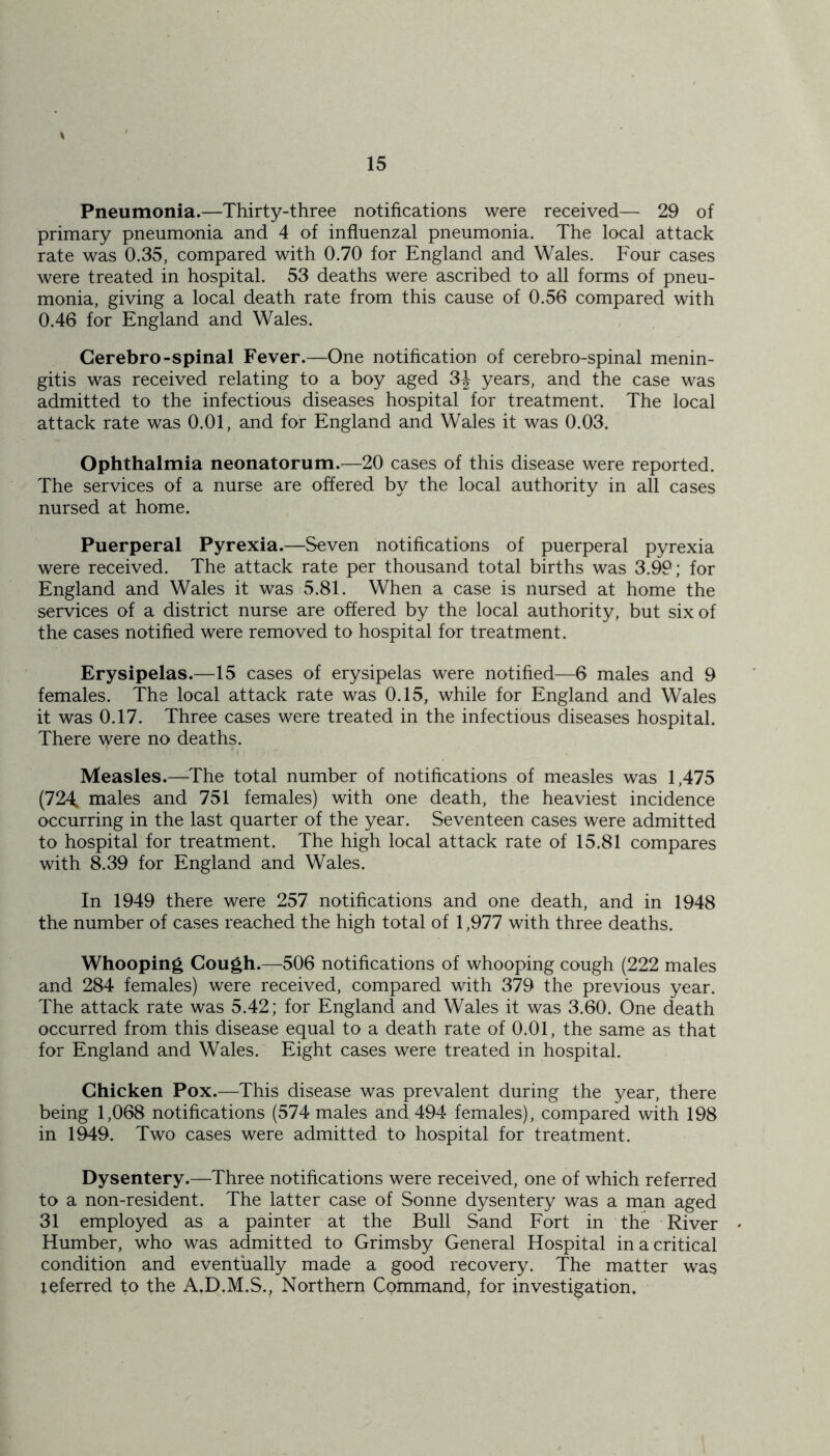 Pneumonia.—Thirty-three notifications were received— 29 of primary pneumonia and 4 of influenzal pneumonia. The local attack rate was 0.35, compared with 0.70 for England and Wales. Four cases were treated in hospital. 53 deaths were ascribed to all forms of pneu- monia, giving a local death rate from this cause of 0.56 compared with 0.46 for England and Wales. Cerebro-spinal Fever.—One notification of cerebro-spinal menin- gitis was received relating to a boy aged 3J years, and the case was admitted to the infectious diseases hospital for treatment. The local attack rate was 0.01, and for England and Wales it was 0.03. Ophthalmia neonatorum.—20 cases of this disease were reported. The services of a nurse are offered by the local authority in all cases nursed at home. Puerperal Pyrexia.—Seven notifications of puerperal pyrexia were received. The attack rate per thousand total births was 3.99; for England and Wales it was 5.81. When a case is nursed at home the services of a district nurse are offered by the local authority, but six of the cases notified were removed to hospital for treatment. Erysipelas.—15 cases of erysipelas were notified—6 males and 9 females. The local attack rate was 0.15, while for England and Wales it was 0.17. Three cases were treated in the infectious diseases hospital. There v/ere no deaths. Measles.—-The total number of notifications of measles was 1,475 (724, males and 751 females) with one death, the heaviest incidence occurring in the last quarter of the year. Seventeen cases were admitted to hospital for treatment. The high local attack rate of 15.81 compares with 8.39 for England and Wales. In 1949 there were 257 notifications and one death, and in 1948 the number of cases reached the high total of 1,977 with three deaths. Whooping Cough.—506 notifications of whooping cough (222 males and 284 females) were received, compared with 379 the previous year. The attack rate was 5.42; for England and Wales it was 3.60. One death occurred from this disease equal to a death rate of 0.01, the same as that for England and Wales. Eight cases were treated in hospital. Chicken Pox.—This disease was prevalent during the year, there being 1,068 notifications (574 males and 494 females), compared with 198 in 1949. Two cases were admitted to hospital for treatment. Dysentery.—Three notifications were received, one of which referred to a non-resident. The latter case of Sonne dysentery was a man aged 31 employed as a painter at the Bull Sand Fort in the River Humber, who was admitted to Grimsby General Hospital in a critical condition and eventually made a good recovery. The matter was referred to the A.D.M.S., Northern Command, for investigation.