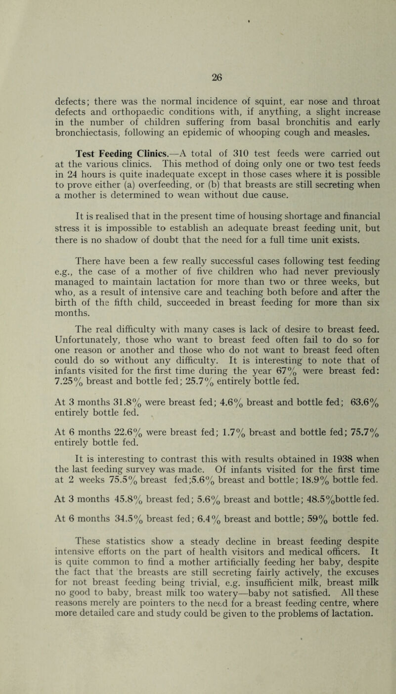 defects; there was the normal incidence of squint, ear nose and throat defects and orthopaedic conditions with, if anything, a slight increase in the number of children suffering from basal bronchitis and early bronchiectasis, following an epidemic of whooping cough and measles. Test Feeding Clinics.—A total of 310 test feeds were carried out at the various clinics. This method of doing only one or two test feeds in 24 hours is quite inadequate except in those cases where it is possible to prove either (a) overfeeding, or (b) that breasts are still secreting when a mother is determined to wean without due cause. It is realised that in the present time of housing shortage and financial stress it is impossible to establish an adequate breast feeding unit, but there is no shadow of doubt that the need for a full time unit exists. There have been a few really successful cases following test feeding e.g., the case of a mother of five children who had never previously managed to maintain lactation for more than two or three weeks, but who, as a result of intensive care and teaching both before and after the birth of the fifth child, succeeded in breast feeding for more than six months. The real difficulty with many cases is lack of desire to breast feed. Unfortunately, those who want to breast feed often fail to do so for one reason or another and those who do not want to breast feed often could do so without any difficulty. It is interesting to note that of infants visited for the first time during the year 67% were breast fed: 7.25% breast and bottle fed; 25.7% entirely bottle fed. At 3 months 31.8% were breast fed; 4.6% breast and bottle fed; 63.6% entirely bottle fed. At 6 months 22.6% were breast fed; 1.7% breast and bottle fed; 75.7% entirely bottle fed. It is interesting to contrast this with results obtained in 1938 when the last feeding survey was made. Of infants visited for the first time at 2 weeks 75.5% breast fed;5.6% breast and bottle; 18.9% bottle fed. At 3 months 45.8% breast fed; 5.6% breast and bottle; 48.5%bottlefed. At 6 months 34.5% breast fed; 6.4% breast and bottle; 59% bottle fed. These statistics show a steady decline in breast feeding despite intensive efforts on the part of health visitors and medical officers. It is quite common to find a mother artificially feeding her baby, despite the fact that the breasts are still secreting fairly actively, the excuses for not breast feeding being trivial, e.g. insufficient milk, breast milk no good to baby, breast milk too watery—baby not satisfied. All these reasons merely are pointers to the need for a breast feeding centre, where more detailed care and study could be given to the problems of lactation.