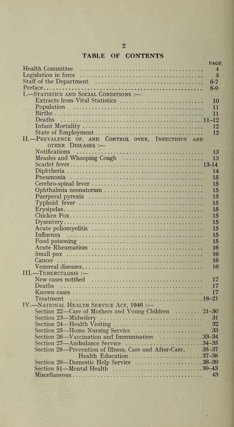 TABLE OF CONTENTS PAGE Health Committee 4 Legislation in force 5 Staff of the Department 6-7 Preface 8-9 I. —Statistics and Social Conditions :— Extracts from Vital Statistics 10 Population 11 Births 11 Deaths 11-12 Infant Mortality 12 State of Employment 12 II. —Prevalence of, and Control over, Infectious and other Diseases :— Notifications 13 Measles and Whooping Cough 13 Scarlet fever 13-14 Diphtheria 14 Pneumonia 15 Cerebro-spinal fever 15 Ophthalmia neonatorum 15 Puerperal pyrexia 15 Typhoid fever 15 Erysipelas 15 Chicken Pox 15 Dysentery 15 Acute poliomyelitis 15 Influenza 15 Food poisoning 15 Acute Rheumatism 16 Small pox 16 Cancer 16 Venereal diseases 16 III. —Tuberculosis :— New cases notified 17 Deaths 17 Known cases 17 Treatment 18-21 IV. —National Health Service Act, 1946 :— Section 22—Care of Mothers and Young Children 21-30 Section 23—Midwifery 31 Section 24—Health Visiting 32 Section 25—Home Nursing Service 33 Section 26—Vaccination and Immunisation 33-34 Section 27—Ambulance Service 34-35 Section 28—Prevention of Illness, Care and After-Care, 35-37 Health Education 37-38 Section 29—Domestic Help Service 38-39 Section 51—Mental Health 39-43 Miscellaneous 43