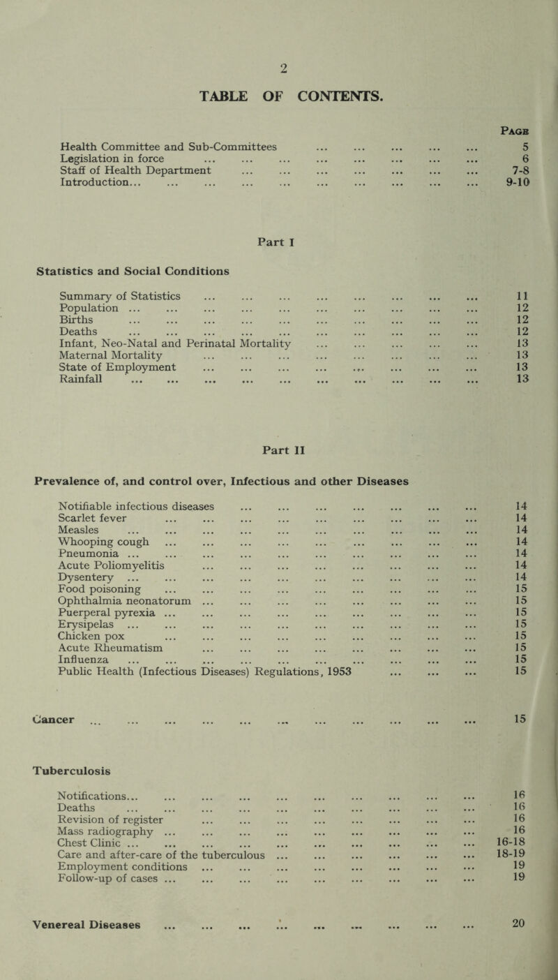 TABLE OF CONTENTS. Page Health Committee and Sub-Committees Legislation in force Staff of Health Department Introduction... 6 7-8 9-10 Part I Statistics and Social Conditions Summary of Statistics ... ... ... ... ... ... ... ... 11 Population ... ... ... ... ... ... ... ... ... ... 12 Births ... ... ... ... ... ... ... ... ... ... 12 Deaths ... ... ... ... ... ... ... ... ... ... 12 Infant, Neo-Natal and Perinatal Mortality ... ... ... ... ... 13 Maternal Mortality ... ... ... ... ... ... ... ... 13 State of Employment ... ... ... ... .... ... ... ... 13 Rainfall ... 13 Part II Prevalence of, and control over, Infectious and other Diseases Notifiable infectious diseases ... ... ... ... ... ... ... 14 Scarlet fever ... ... ... ... ... ... ... ... ... 14 Measles ... ... ... ... ... ... ... ... ... ... 14 Whooping cough ... ... ... ... ... ... ... ... ... 14 Pneumonia ... ... ... ... ... ... ... ... ... ... 14 Acute Poliomyelitis ... ... ... ... ... ... ... ... 14 Dysentery ... ... ... ... ... ... ... ... ... ... 14 Food poisoning ... ... ... ... ... ... ... ... ... 15 Ophthalmia neonatorum ... ... ... ... ... ... ... ... 15 Puerperal pyrexia ... ... ... ... ... ... ... ... ... 15 Erysipelas ... ... ... ... ... ... ... ... ... ... 15 Chicken pox ... ... ... ... ... ... ... ... ... 15 Acute Rheumatism ... ... ... ... ... ... ... ... 15 Influenza ... ... ... ... ... ... ... ... ... ... 15 Public Health (Infectious Diseases) Regulations, 1953 ... ... ... 15 Cancer ... 15 Tuberculosis Notifications... 16 Deaths 16 Revision of register 16 Mass radiography ... ... ... 16 Chest Clinic ... 16-18 Care and after-care of the tuberculous ... 18-19 Employment conditions 19 Follow-up of cases ... 19 Venereal Diseases 20