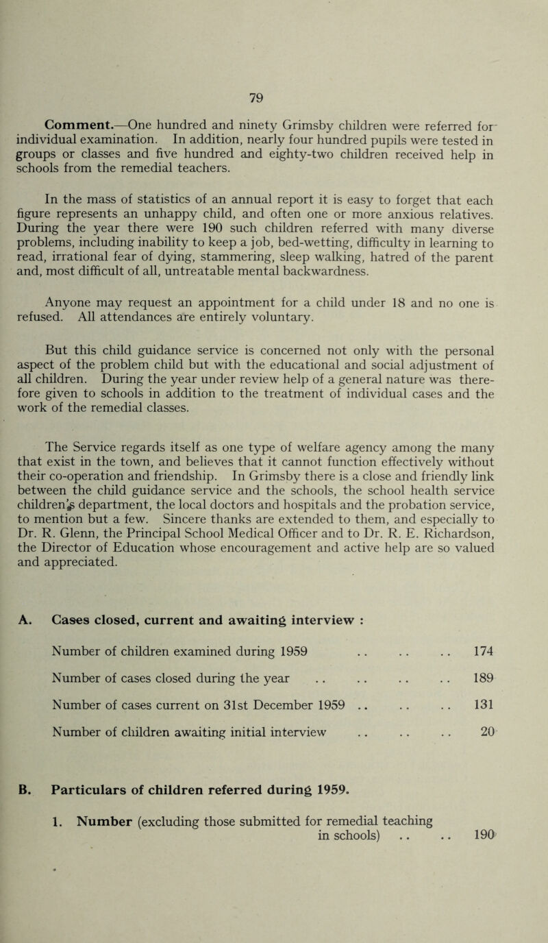 Comment.—One hundred and ninety Grimsby children were referred for' individual examination. In addition, nearly four hundred pupils were tested in groups or classes and five hundred and eighty-two children received help in schools from the remedial teachers. In the mass of statistics of an annual report it is easy to forget that each figure represents an unhappy child, and often one or more anxious relatives. During the year there were 190 such children referred with many diverse problems, including inability to keep a job, bed-wetting, difficulty in learning to read, irrational fear of dying, stammering, sleep walking, hatred of the parent and, most difficult of all, untreatable mental backwardness. Anyone may request an appointment for a child under 18 and no one is refused. All attendances are entirely voluntary. But this child guidance service is concerned not only with the personal aspect of the problem child but with the educational and social adjustment of all children. During the year under review help of a general nature was there- fore given to schools in addition to the treatment of individual cases and the work of the remedial classes. The Service regards itself as one type of welfare agency among the many that exist in the town, and believes that it cannot function effectively without their co-operation and friendship. In Grimsby there is a close and friendly link between the child guidance service and the schools, the school health service children’^ department, the local doctors and hospitals and the probation service, to mention but a few. Sincere thanks are extended to them, and especially to Dr. R. Glenn, the Principal School Medical Officer and to Dr. R. E. Richardson, the Director of Education whose encouragement and active help are so valued and appreciated. A. Cases closed, current and awaiting interview : Number of children examined during 1959 .. . . .. 174 Number of cases closed during the year .. .. . . . . 189 Number of cases current on 31st December 1959 .. . . .. 131 Number of children awaiting initial interview .. .. .. 20 B. Particulars of children referred during 1959. 1. Number (excluding those submitted for remedial teaching in schools) .. .. 190