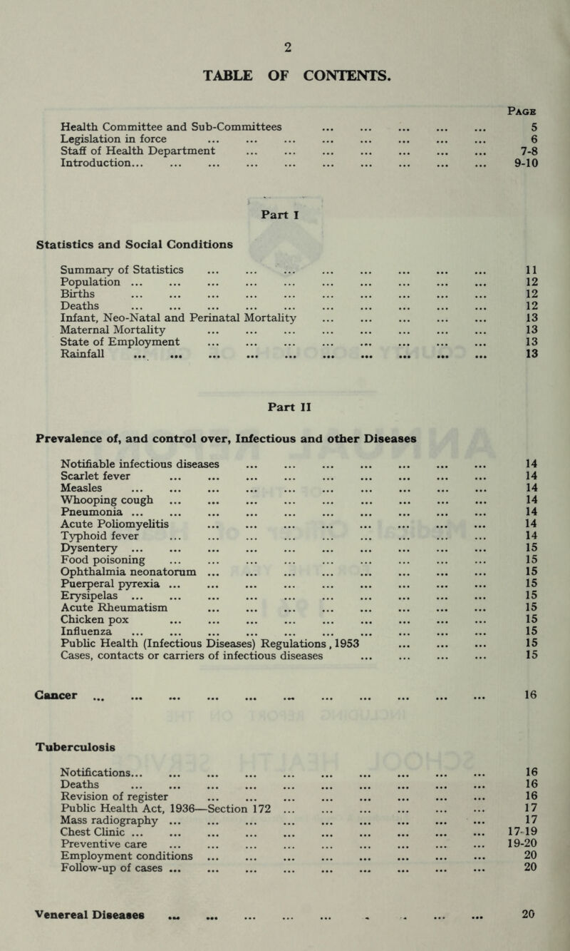 TABLE OF CONTENTS. Page Health Committee and Sub-Committees ... ... ... ... ... 5 Legislation in force ... ... ... ... ... ... ... ... 6 Staff of Health Department ... ... ... 7-8 Introduction... ... ... ... ... ... ... ... ... ... 9-10 Part I Statistics and Social Conditions Summary of Statistics 11 Population ... 12 Births 12 Deaths 12 Infant, Neo-Natal and Perinatal Mortality 13 Maternal Mortality ... 13 State of Employment 13 Rainfall ... ... ... ... 13 Part II Prevalence of, and control over, Infectious and other Diseases Notifiable infectious diseases ... ... ... ... ... ... ... 14 Scarlet fever ... ... ... ... 14 Measles ... ... ... ... ... ... ... ... ... ... 14 Whooping cough ... ... ... ... ... ... ... ... ... 14 Pneumonia ... ... ... ... ... ... ... ... ... ... 14 Acute Poliomyelitis ... ... ... 14 Typhoid fever ... ... ... ... ... ... ... ... ... 14 Dysentery ... ... ... ... ... ... 15 Food poisoning ... ... ... ... ... ... ... ... ... 15 Ophthalmia neonatorum ... ... ... ... ... ... ... ... 15 Puerperal pyrexia ... ... ... ... ... ... ... ... ... 15 Erysipelas ... ... ... ... ... ... ... ... ... ... 15 Acute Rheumatism ... ... ... ... ... ... ... ... 15 Chicken pox ... ... ... ... ... ... ... ... ... 15 Influenza ... ... ... ... ... ... ... ... ... ... 15 Public Health (Infectious Diseases) Regulations, 1953 ... 15 Cases, contacts or carriers of infectious diseases ... ... ... ... 15 Cancer 16 Tuberculosis Notifications... ... ... ... ... ... ... ... ... ... 16 Deaths ... ... ... ... 16 Revision of register ... ... ... ... ... ... ... ... 16 Public Health Act, 1936—Section 172 ... ... ... ... ... ... 17 Mass radiography ... ... ... ... ... ... ... ... ... 17 Chest Clinic 1719 Preventive care ... ... ... ... ... ... ... ... ... 19-20 Employment conditions ... ... ... ... ... ... ... ... 20 Follow-up of cases ... ... ... ... ... ... ... ... ... 20 Venereal Diseases 20