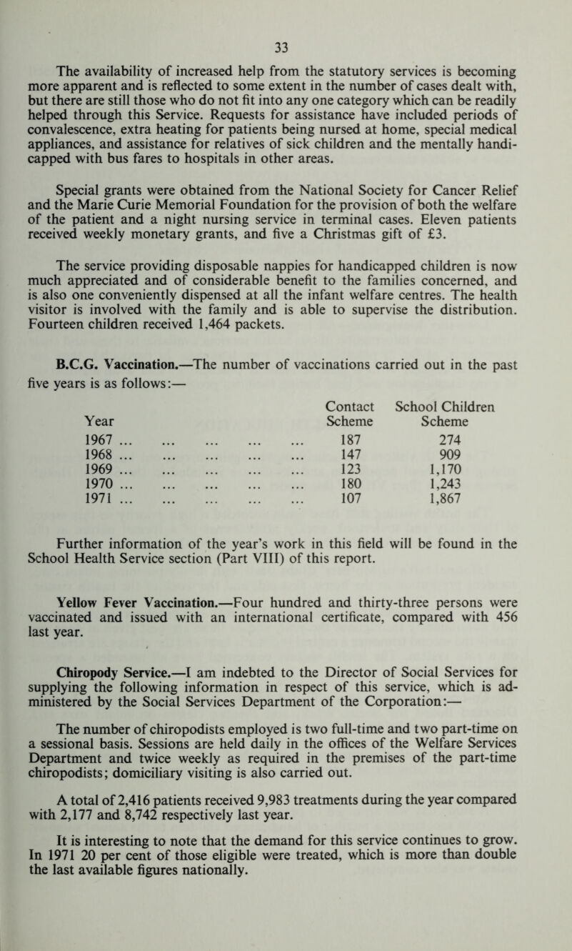 The availability of increased help from the statutory services is becoming more apparent and is reflected to some extent in the number of cases dealt with, but there are still those who do not fit into any one category which can be readily helped through this Service. Requests for assistance have included periods of convalescence, extra heating for patients being nursed at home, special medical appliances, and assistance for relatives of sick children and the mentally handi- capped with bus fares to hospitals in other areas. Special grants were obtained from the National Society for Cancer Relief and the Marie Curie Memorial Foundation for the provision of both the welfare of the patient and a night nursing service in terminal cases. Eleven patients received weekly monetary grants, and five a Christmas gift of £3. The service providing disposable nappies for handicapped children is now much appreciated and of considerable benefit to the families concerned, and is also one conveniently dispensed at all the infant welfare centres. The health visitor is involved with the family and is able to supervise the distribution. Fourteen children received 1,464 packets. B.C.G. Vaccination.—The number of vaccinations carried out in the past five years is as follows:— Contact School Children Year Scheme Scheme 1967 187 274 1968 147 909 1969 123 1,170 1970 180 1,243 1971 107 1,867 Further information of the year’s work in this field School Health Service section (Part VIII) of this report. will be found in Yellow Fever Vaccination.—Four hundred and thirty-three persons were vaccinated and issued with an international certificate, compared with 456 last year. Chiropody Service.—I am indebted to the Director of Social Services for supplying the following information in respect of this service, which is ad- ministered by the Social Services Department of the Corporation:— The number of chiropodists employed is two full-time and two part-time on a sessional basis. Sessions are held daily in the offices of the Welfare Services Department and twice weekly as required in the premises of the part-time chiropodists; domiciliary visiting is also carried out. A total of 2,416 patients received 9,983 treatments during the year compared with 2,177 and 8,742 respectively last year. It is interesting to note that the demand for this service continues to grow. In 1971 20 per cent of those eligible were treated, which is more than double the last available figures nationally.