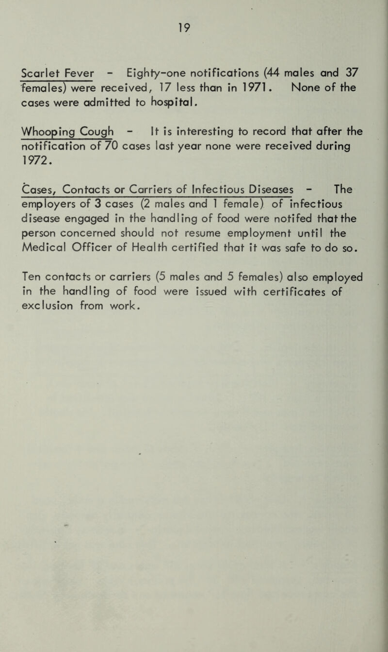 Scarlet Fever - Eighty-one notifications (44 males and 37 females) were received, 17 less than in 1971. None of the cases were admitted to hospital. Whooping Cough - It is interesting to record that after the notification of 70 cases last year none were received during 1972. Cases, Contacts or Carriers of Infectious Diseases - The employers of 3 cases (2 males and 1 female) of infectious disease engaged in the handling of food were notifed that the person concerned should not resume employment until the Medical Officer of Health certified that it was safe to do so. Ten contacts or carriers (5 males and 5 females) also employed in the handling of food were issued with certificates of exclusion from work.
