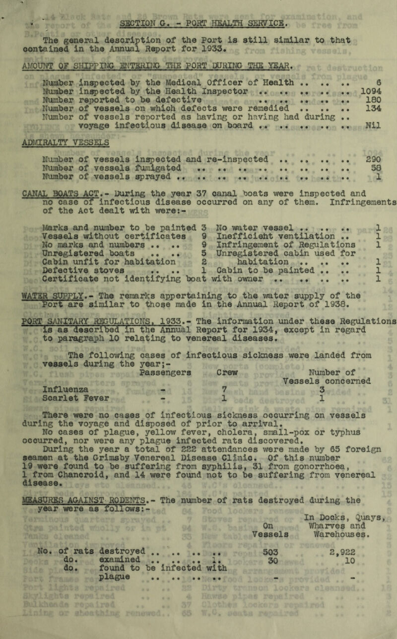 SECTION G. - PORT HEALTH SERVICE. The general description of the Port is still similar to that contained in the Annual Report for 1933. AMOUNT OF SHIPPING ENTERING THE PORT DURING THE YEAR. Number inspected by the Medical Officer of Health 6 Number inspected by the Health Inspector 1094 Number reported to be defective 180 Number of vessels on which defects were remedied 134 Number of vessels reported as having or having had during .. voyage infectious disease on board .. „. Nil ADMIRALTY VESSELS Number of vessels inspected and re-inspected 290 Number of vessels fumigated 58 Number of vessels sprayed 1 CANAL BOATS ACT.- During the year 37 canal boats were inspected and no case o? infectious disease occurred on any of them. Infringements of the Act dealt with were:- Marks and number to be painted 3 Vessels without certificates 9 No marks and numbers •• •• 9 Unregistered boats .. .. 5 Cabin unfit for habitation 2 Defective stoves .. .. 1 Certificate not identifying boat No water vessel 1 Inefficieht ventilation .. 1 Infringement of Regulations 1 Unregistered cabin used for habitation 1 Cabin to be painted .... 1 with owner 1 WATER SUPPLY.- The remarks appertaining to the water supply of the Port are similar to those made in the Annual Report of 1938. PORT SANITARY REGULATIONS. 1933.- The information under these Regulations is as described in the Annual Report for 1934, except in regard to paragraph 10 relating to venereal diseases. The following cases of infectious sickness were landed from vessels during the year;- Passengers Crew Number of Vessels concerned Influenza - 7 3 Scarlet Fever - 1 1 There were no cases of Infectious sickness occurring on vessels during the voyage and disposed of prior to arrival. No cases of plague, yellow fever, cholera, small-pox or typhus occurred, nor were any plague infected rats discovered. During the year a total of 222 attendances were made by 65 foreign seamen at the Grimsby Venereal Disease Clinic. Of this number 19 were found to be suffering from syphilis, 31 from gonorrhoea, 1 from Chancroid, and 14 were found not to be suffering from venereal disease. MEASURES AGAINST RQDENTS.- The number of rats destroyed during the year were as foilows:- In Docks, Quays, On Wharves and Vessels Warehouses. No. of rats destroyed .. do. examined 1. do. found to be infected with plague 503 30 2,922 10