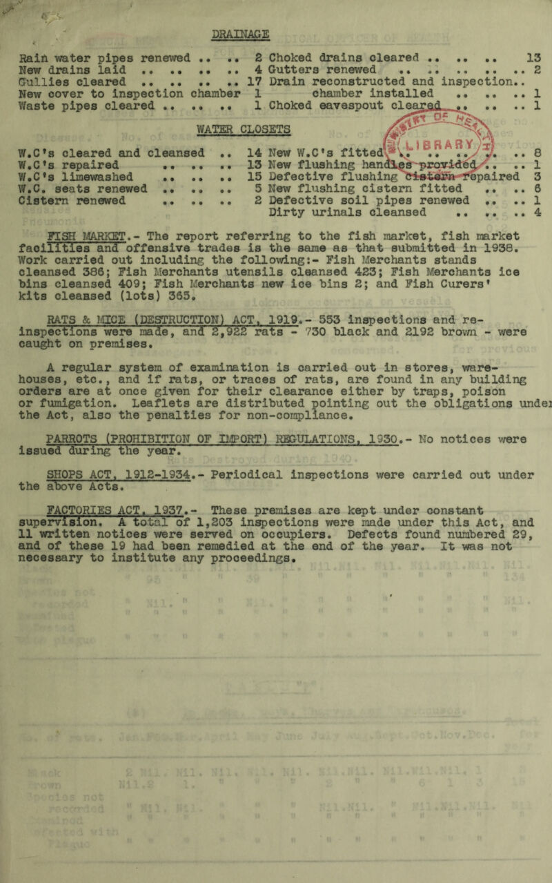 DRAINAGE Raih water pipes renewed •• .. New drains laid Gullies cleared .. .. New cover to inspection chamber Waste pipes cleared .. .• WATER W.C’s cleared and cleansed .. W.C’s repaired • • •• .. W.C’s limewashed W.C. seats renewed Cistern renewed 2 Choked drains cleared 13 4 Gutters renewed 2 17 Drain reconstructed and inspection.. 1 chamber installed 1 1 Choked eavespout cleara<i 1 CLOSETS 14 New W.C *s fitted’^ v!r ' B.? ?.V7. .. 8 13 New flushing handles-provide^ .. .. 1 15 Defective flushing Cistern Repaired 3 5 New flushing cistern fitted .. ..6 2 Defective soil pipes renewed .. .. 1 Dirty urinals cleansed .. .. .. 4 FISH MARKET.- The report referring to the fish market, fish market facilities and offensive trades is the same as that submitted in 1938. Work carried out including the following:- Fish Merchants stands cleansed 386; Fish Merchants utensils cleansed 423; Fish Merchants ice bins cleansed 409; Fish Merchants new ice bins 2; and Fish Curers * kits oleaHsed (lots) 365. RATS & MICE (DESTRUCTION) ACT, 1919.- 553 inspections and re- inspections were made, and 2,922 rats - 730 black and 2192 brown - were caught on premises. A regular system of examination is carried out in stores, ware- houses, etc., and if rats, or traces of rats, are found In any building orders are at once given for their clearance either by traps, poison or fumigation. Leaflets are distributed pointing out the obligations undei the Act, also the penalties for non-compliance. PARROTS (PROHIBITION OF IMPORT) REGULATIONS, 1930.- No notices were issued during the year. SHOPS ACT, 1912-1954.- Periodical inspections were carried out under the above Acts. FACTORIES ACT. 1957.- These premises are kept under constant supervision. A total of 1,203 inspections were made under this Act, and 11 written notices were served on occupiers. Defects found numbered 29, and of these 19 had been remedied at the end of the year. It was not necessary to institute any proceedings.