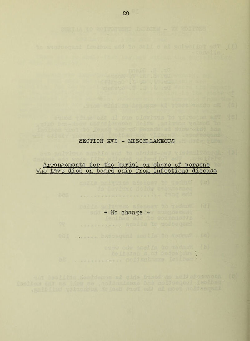 SECTION XVI - MISCELLANEOUS Arrangements for the burial on shore of persons who have died on board ship from infectious disease - No change ■-