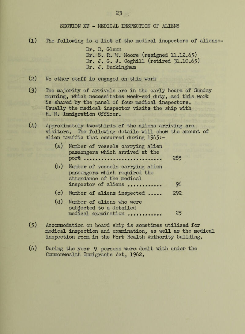 SECTION XI - IffiDIGAL INSPECTION OF ALIENS The follovdng is a list of the medical inspectors of aliens Dr, R. Glenn Dr. S. R, ¥. Moore (resigned 11,12,65) Dr. J. G. J. Coghill (retired 31.10.65) Dr. J. Buckingham No other staff is engaged on this work The majority of arrivals are in the early hours of Sunday morning, which necessitates week-end duty, and this work is shared by the panel of four medical inspectors. Usually the medical inspector visits the ship with H, M. Immigration Officer. Approximately two-thirds of the aliens arriving are visitors. The following details will show the amount of alien traffic that occurred during 1965:- (a) Nimiber of vessels carrying alien passengers which arrived at the port 285 (b) Number of vessels carrying alien passengers which required the attendance of the medical inspector of aliens ............ 96 (e) Number of aliens inspected 292 (d) Number of aliens who were subjected to a detailed medical examination 25 Accommodation on board ship is sometimes utilised for medical inspection and examination, as well as the medical inspection room in the Port Health Authority biiilding. During the year 9 persons were, dealt with under the Commonwealth Immigrants Act, 1962.