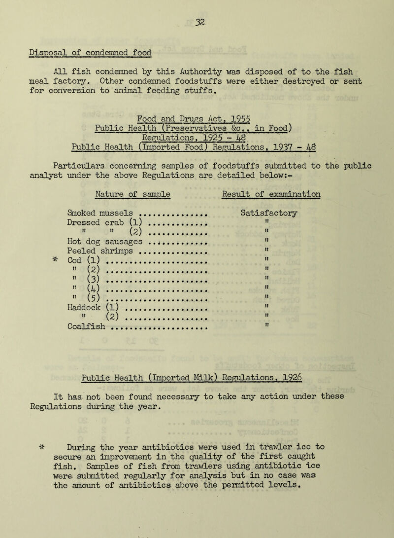 Disposal of condemned food All fish condemned by this Authority was disposed of to the fish meal factory. Other condemned foodstuffs v/ere either destroyed or sent for conversion to animal feeding stuffs. Food and Drugs Act, 1955 Public Health (Preservatives &c,, in Food) Regulations, 1925 - Public Health (imported Food) Regulations, 1937 -• Particulars concerning samples of foodstuffs submitted to the public analyst under the above Regulations are detailed below Nature of sample Result of examination Smoked mussels Satisfactory Dressed crab (l)    (2)  Hot dog sausages .. *  Peeled shrimps  -5^- Cod (l)  » (2)   (3)  (4)  (5) Haddock (l)   (2)  Coalfish  Public Health (Imported Milk) Regulations, 1926 It has not been found necessary to take any action under these Regulations during the year. During the year antibiotics were used in trawler ice to secure an improvement in the quality of the first caught fish. Samples of fish from trawlers using antibiotic ice were submitted regularly for analysis but in no case was the amount of antibiotics above the permitted levels.