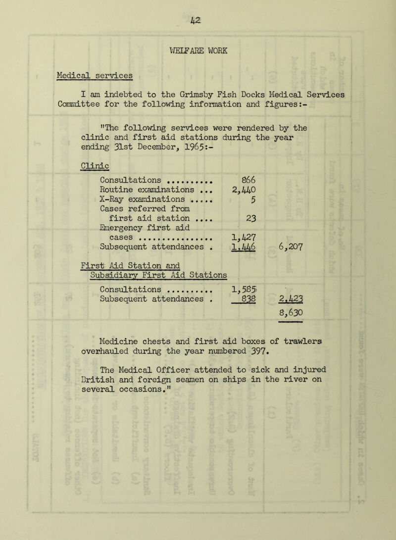 VffiLFARE WORK Medical services I am indebted to the Grimsby Fish Docks Medical Services Committee for the following information and figures The following services were rendered by the clinic and first aid stations during the year ending 31st December, 1965:- Clinic Consultations S66 Routine examinations .., 2,440 X-Ray examinations Cases referred from 5 first aid station ,,,. Emergency first aid 23 cases 1,427 Subsequent attendances . 1.446 6,207 First Aid Station and Subsidiary First Aid Stations Consiiltations 1,5B5 Subsequent attendances . 83S 2,423 8,630 Medicine chests and first aid boxes of trawlers overhauled during the year nimibered 397. The Medical Officer attended to sick and injured British and foreign seamen on ships in the river on several occasions.