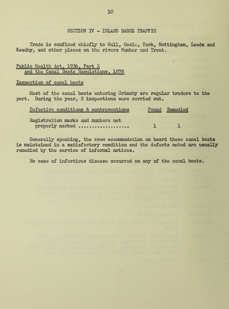 SECTION IV - INLAND BARGE TRAFFIC Trade is confined chiefly to Hull, Goole, York, Nottingham, Leeds and Keadby, and other places on the rivers Humber and Trent. Public Health Act, 1936, Part X and the Canal Boats Regulations, 1S7S Inspection of canal boats Most of the canal boats entering Grimsby are regular traders to the port. During the year, 2 inspections were carried out. Defective conditions & contraventions Found Remedied Registration marks and numbers not properly marked 1 1 Generally speaking, the crew accommodation on board these canal boats is maintained in a satisfactory condition and the defects noted are usually remedied by the service of informal notices. No case of infectious disease occurred on any of the canal boats.