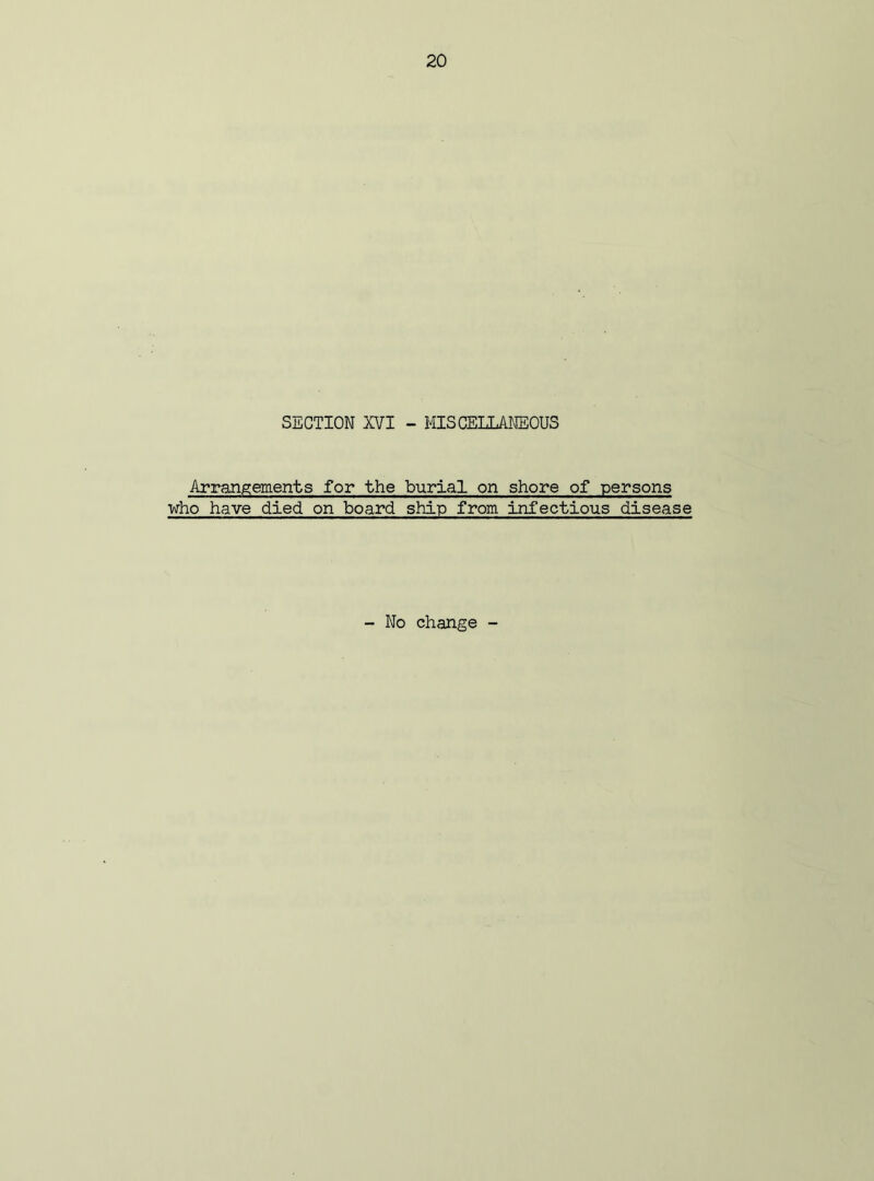 SECTION XVI - MISCELLANEOUS Arrangements for the burial on shore of persons who have died on board ship from infectious disease - No change -