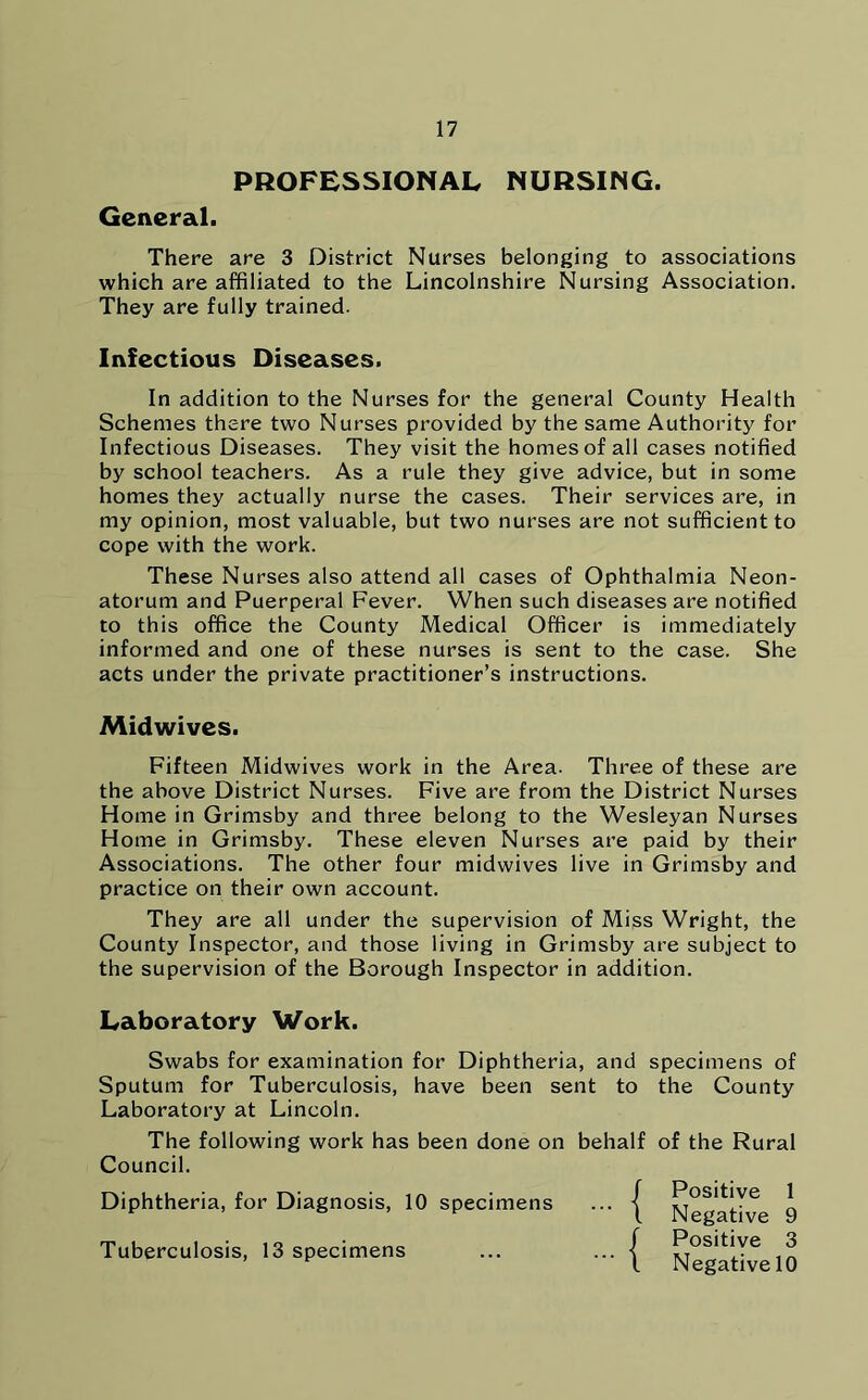 PROFESSIONAL NURSING. General. There are 3 District Nurses belonging to associations which are affiliated to the Lincolnshire Nursing Association. They are fully trained. Infectious Diseases. In addition to the Nurses for the general County Health Schemes there two Nurses provided by the same Authority for Infectious Diseases. They visit the homes of all cases notified by school teachers. As a rule they give advice, but in some homes they actually nurse the cases. Their services are, in my opinion, most valuable, but two nurses are not sufficient to cope with the work. These Nurses also attend all cases of Ophthalmia Neon- atorum and Puerperal Fever. When such diseases are notified to this office the County Medical Officer is immediately informed and one of these nurses is sent to the case. She acts under the private practitioner’s instructions. Midwives. Fifteen Midwives work in the Area. Three of these are the above District Nurses. Five are from the District Nurses Home in Grimsby and three belong to the Wesleyan Nurses Home in Grimsby. These eleven Nurses are paid by their Associations. The other four midwives live in Grimsby and practice on their own account. They are all under the supervision of Miss Wright, the County Inspector, and those living in Grimsby are subject to the supervision of the Borough Inspector in addition. Laboratory Work. Swabs for examination for Diphtheria, and specimens of Sputum for Tuberculosis, have been sent to the County Laboratory at Lincoln. The following work has been done on behalf of the Rural Council. Diphtheria, for Diagnosis, 10 specimens Tuberculosis, 13 specimens Positive 1 Negative 9 Positive 3 Negative 10