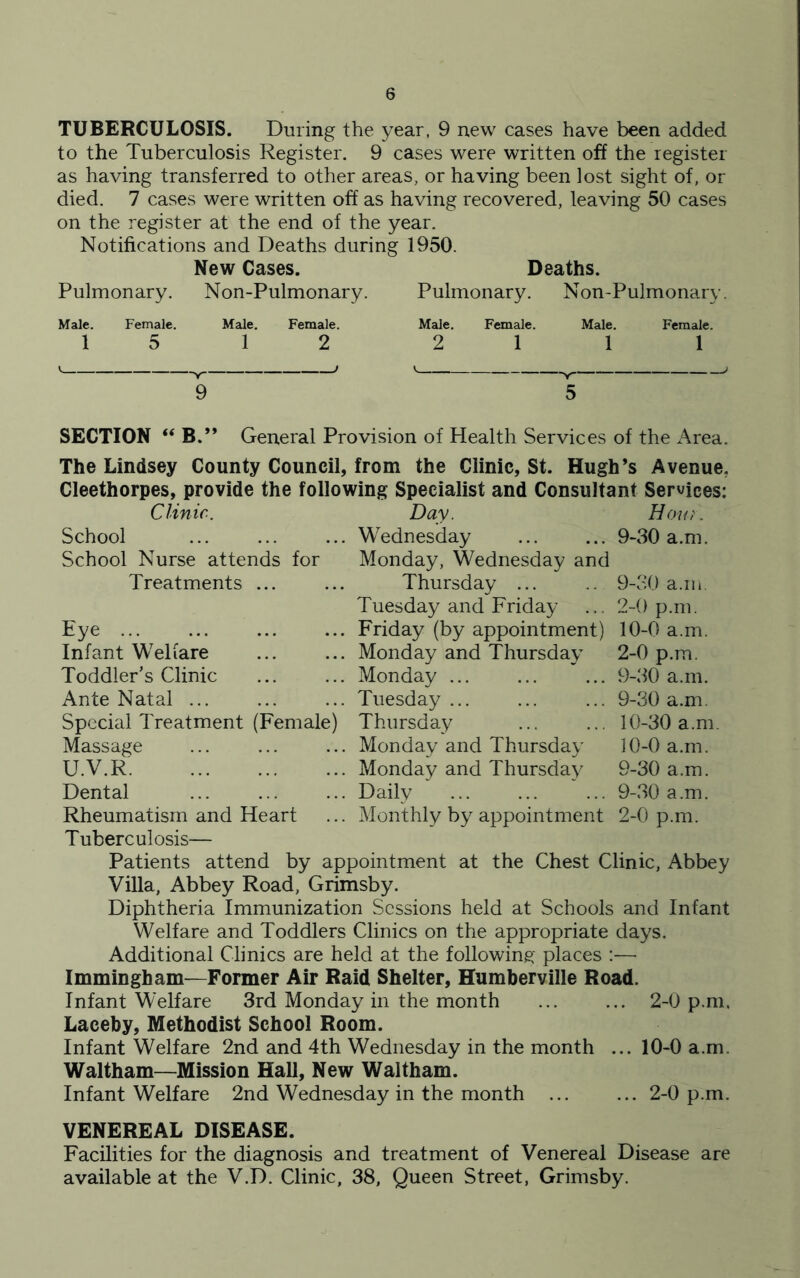 TUBERCULOSIS. During the year, 9 new cases have been added to the Tuberculosis Register. 9 cases were written off the register as having transferred to other areas, or having been lost sight of, or died. 7 cases were written off as having recovered, leaving 50 cases on the register at the end of the year. Notifications and Deaths during 1950. New Cases. Deaths. Pulmonary. Non-Pulmonary. Pulmonary. Non-Pulmonary. Male. Female. Male. Female. Male. Female. Male. Female. 1 5 1 2 2 1 1 1 9 5 SECTION “ B.” General Provision of Health Services of the Area. The Lindsey County Council, from the Clinic, St. Hugh’s Avenue. Cleethorpes, provide the following Specialist and Consultant Services: Clinic. School School Nurse attends Treatments ... for Eye ... Infant Welfare Toddler’s Clinic Ante Natal ... Special Treatment (Female) Massage U.V.R. Dental Rheumatism and Heart Day. Hour. Wednesday 9-30 a.m. Monday, Wednesday and Thursday ... ... 9-30 a.m. Tuesday and Friday ... 2-0 p.m. Friday (by appointment) 10-0 a.m. Monday and Thursday 2-0 p.m. Monday ... ... ... 9-30 a.m. Tuesday... ... ... 9-30 a.m. Thursday ... ... 10-30 a.m. Monday and Thursday 10-0 a.m. Monday and Thursday 9-30 a.m. Daily ... ... ... 9-30 a.m. Monthly by appointment 2-0 p.m. Tuberculosis— Patients attend by appointment at the Chest Clinic, Abbey Villa, Abbey Road, Grimsby. Diphtheria Immunization Sessions held at Schools and Infant Welfare and Toddlers Clinics on the appropriate days. Additional Clinics are held at the following places :— Immingham—Former Air Raid Shelter, Humberville Road. Infant Welfare 3rd Monday in the month ... ... 2-0 p.m, Laceby, Methodist School Room. Infant Welfare 2nd and 4th Wednesday in the month ... 10-0 a.m. Waltham—Mission Hall, New Waltham. Infant Welfare 2nd Wednesday in the month ... ... 2-0 p.m. VENEREAL DISEASE. Facilities for the diagnosis and treatment of Venereal Disease are available at the V.D. Clinic, 38, Queen Street, Grimsby.