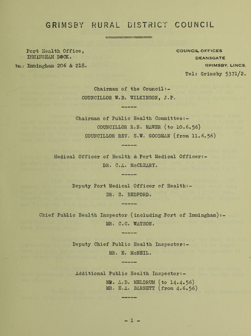 GRIMSBY RURAL DISTRICT COUNCIL Port Health, Off ice , HIM INGHAM B@CKo COUNCIL OFFICES DEANSGATE GRIMSBY, LINCS. Tel.: Imningham 206 & 218« Telg Grimsby 5371/2, Chairman of the Council§- COUNCILLOR W.B, WILKINSON, J.P, Chairman of Public Health Committees- COUNCILLOR RJ. MAWER (to 10,6.56) COUNCILLOR REV, S.W. GOODMAN (from 11.6.56) Medical Officer of Health & Port Medical Officers- DRo Co A, MeCLEARY. Deputy Port Medical Officer of Healths- DR, So BEDFORD, Chief Public Health Inspector (including Port of Immingham)s- MRo Co Co WATSON, Deputy Chief Public Health Inspectors- MR. Eo McNEILo Additional Public Health Inspectors- MSo A,Do MELDRUM (to 14,4.56) MR, EoA, BARNETT (from 4°6.56)