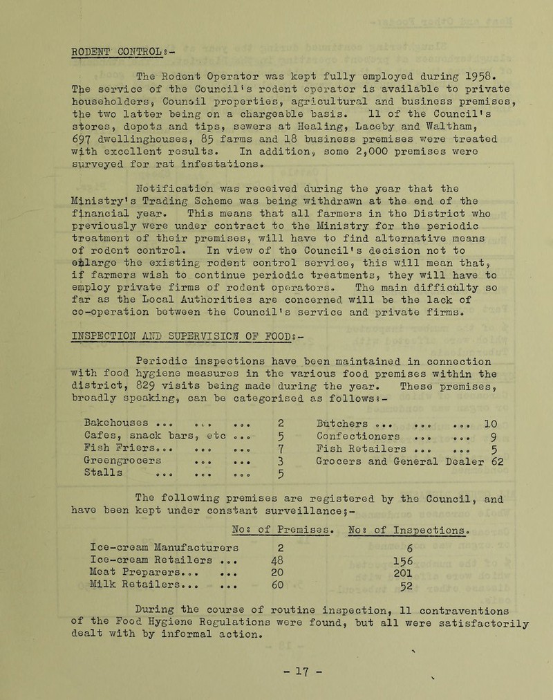 RODENT CONTROL 8- The Rodent Operator was kept fully employed during 1958. The service of the Council's rodent operator is available to private householders, Council properties, agricultural and business premises, the two latter being on a chargeable basis. 11 of the Council’s stores, depots and tips, sewers at Healing, Laceby and Waltham, 697 dwellinghouses, 85 farms and 18 business premises were treated with excellent results. In addition, some 2,000 premises were surveyed for rat infestations. Notification was received during the year that the Ministry’s Trading Scheme was being withdrawn at the end of the financial year. This means that all farmers in the District who previously were under contract to the Ministry for the periodic treatment of their premises, will have to find alternative means of rodent control. In view of the Council's decision not to enlarge the existing rodent control service, this will mean that, if farmers wish to continue i^eriodic treatments, they will have to employ private firms of rodent operators,. The main difficulty so far as the Local Authorities are concerned will be the lack of co-operation between the Council's service and private firms. INSPECTION AND SUPERVISION OP FOOD 8- Periodic inspections have been maintained in connection with food hygiene measures in the various food premises within the district, 829 visits being made during the year. These premises, broadly speaking, can be categorised as follows§- Bakehouses ... ... ... 2 Cafes, snack bars, etc ... 5 Pish Friers... ... ... 7 Greengrocers ... ... 3 Stalls ... ... oo. 9 Butchers ... oo. .oo 10 Confectioners ... ... 9 Pish Retailers ... ... 5 Grocers and General Dealer 62 The following premises are registered by the Council, and have been kept under constant surveillancep- tzj 0 00 of Premises. No ? of Inspections Ice-cream Manufacturers 2 6 Ice-cream Retailers ... 48 156 Meat Preparers... ... 20 201 Milk Retailers..„ ... 60 52 During the course of routine inspection, 11 contraventions of the Pood Hygiene Regulations were found, but all were satisfactorily dealt with by informal action.