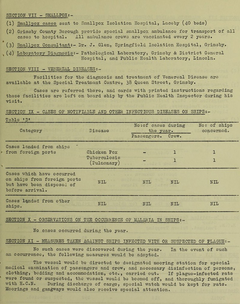 SECTION VII - SMALLPOXs- (1) Smallpox cases sent to Smallpox Isolation Hospital, Laceby (40 beds) (2) Grimsby County Borough provide special smallpox ambulance for transport of all cases to hospital. All ambulance crews are vaccinated every 2 years. (3) Smallpox Consultants- Dr. J. Glen, Springfield Isolation Hospital, Grimsby. (4) Laboratory Diagnosis?- Pathological Laboratory, Grimsby & District General Hospital, and Public Health Laboratory, Lincoln. SECTION VIII - VENEREAL DISEASES8- Facilities for the diagnosis and treatment of Venereal Disease are available at the Special Treatment Centre, 38 Queen Street, Grimsby. Cases are referred there, and cards with printed instructions regarding these facilities are left on board ship by the Public Health Inspector during his visit. SECTION IX - CASES OF NOTIFIABLE AND OTHER INFECTIOUS DISEASES ON SHIPSs- Table »D» Category Disease Nosof cases during the year. Nos of ships concerned. Passengers. Crew. Cases landed from ships from foreign ports Chicken Pox Tuberculosis (Pulmonary) 1 1 1 1 Cases which have occurred on ships from foreign ports but have been disposed of before arrival. NIL NIL NIL NIL Cases landed from other ships. NIL NIL NIL NIL SECTION X - OBSERVATIONS ON THE OCCURRENCE OF MALARIA IN SHIPSs- No cases occurred during the year. SECTION XI - MEASURES TAKEN AGAINST SHIPS INFECTED WITH OR SUSPECTED OF PLAGUEs- No such cases were discovered during the year. In the event of such an occurrence, the following measures would be adopted. The vessel would be directed to designated mooring station for special medical examination of passengers and crew, and necessary disinfection of persons, clothing, bedding and accommodation, etc., carried out. If plague-infected rats were found or suspected, the vessel would be boomed off, and thoroughly fumigated with H.C.N. During discharge of cargo, special watch would be kept for rats. Moorings and gangways would also receive special attention.