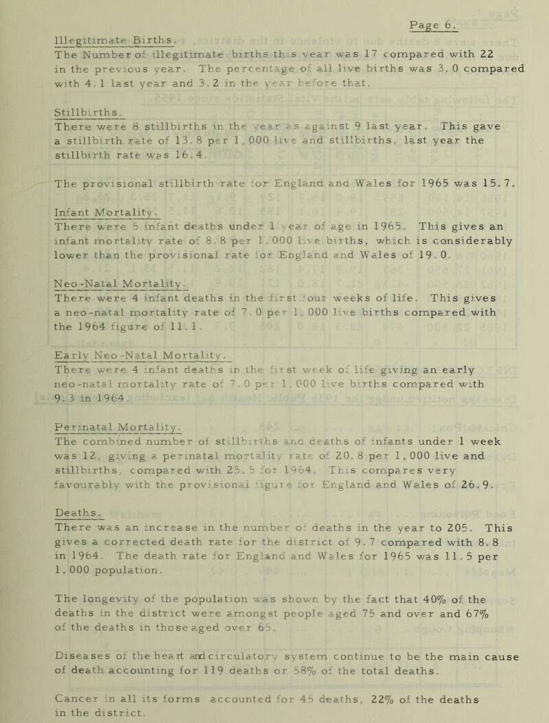 111 egitimate Births, The Number of illegitimate births this year was 17 compared with 22 in the previous year, The percentage of all live births was 3„ 0 compared with. 4, 1 last year and 3. 2 in the year before that. Stillbirth s . There were 8 stillbirths in the year as against 9 last year. This gave a stillbirth rate of 13,8 per 1, 000 live and stillbirths, last year the stillbirth, rate was 16,4, The provisional stillbirth rate tor England, and Wales for 1965 was 15.7. Infant Mortality. There were 5 infant deaths under 1 year of age in 1965. This gives an infant mortality rate of 8.8 per I, 000 liv.e births, which is considerably lower than the provisional rate :o^ England and Wales of 19, 0, Neo -Natal Mortality There were 4 infant deaths in the first four weeks of life. This gives a neo-natal mortality rate of 7, 0 per 1 000 live births compared with the 1964 figure of 11.1. Early Neo-Natal Mortality. There were 4 infant deaths in the first week o£ life giving an early neo -natal morta rate o’ 7=0 p- • births compared with 9.3 m 1964, Perinatal Mortality. The combined number of st eaths of infants under 1 week was 12, giving a perinatal mortality rate of 20.8 per 1,000 live and stillbirths, compared with 25,5 or .1964, This compares very favourably with, the provisional !l*gui e for England and Wales of 26.9, Deaths. There was an increase in the numt deaths in the year to 205. This gives a corrected death rate lor the district of 9,7 compared with 8.8 in 1964. The death rate for England and Wales for 1965 was 11.5 per 1 , 000 population. The longevity of the population was shown by the fact that 40% of the deaths in the district were amongst people aged 7 5 and over and 67% of the deaths in those aged over 65. Diseases of the heart, and circulator ./ system continue to be the main cause of death accounting for 119 deaths or 58% of the total deaths. Cancer in all its forms accounted for 45 deaths, 22% of the deaths in the district.