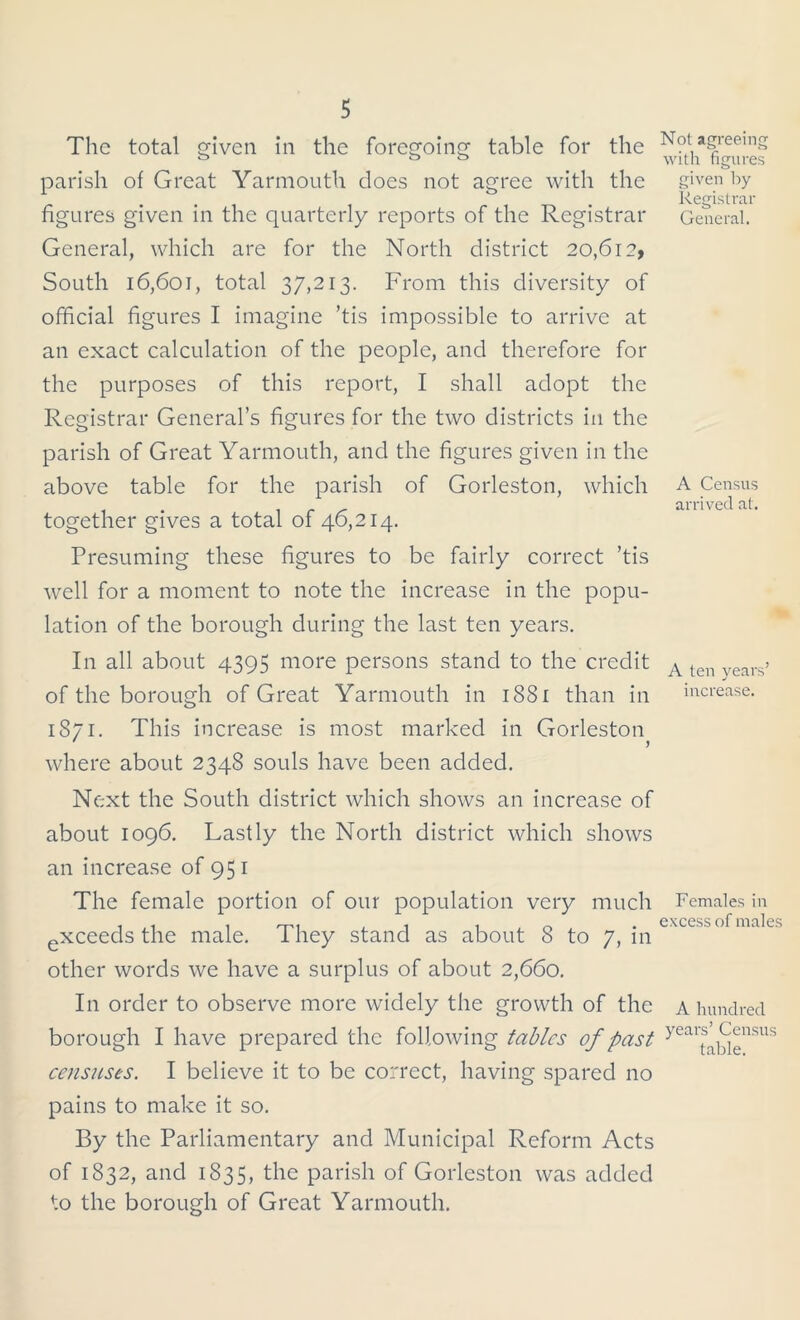 The total given in the foregoing table for the parish of Great Yarmouth does not agree with the figures given in the quarterly reports of the Registrar General, which are for the North district 20,612, South 16,601, total 37,213. From this diversity of official figures I imagine ’tis impossible to arrive at an exact calculation of the people, and therefore for the purposes of this report, I shall adopt the Registrar General’s figures for the two districts in the parish of Great Yarmouth, and the figures given in the above table for the parish of Gorleston, which together gives a total of 46,214. Presuming these figures to be fairly correct ’tis well for a moment to note the increase in the popu- lation of the borough during the last ten years. In all about 4395 more persons stand to the credit of the borough of Great Yarmouth in 1881 than in 1871. This increase is most marked in Gorleston ' > where about 2348 souls have been added. Next the South district which shows an increase of about 1096. Lastly the North district which shows an increase of 951 The female portion of our population very much exceeds the male. They stand as about 8 to 7, in other words we have a surplus of about 2,660. I11 order to observe more widely the growth of the borough I have prepared the following tables of past censuses. I believe it to be correct, having spared no pains to make it so. By the Parliamentary and Municipal Reform Acts of 1832, and 1835, the parish of Gorleston was added to the borough of Great Yarmouth. Not agreeing with figures given by Registrar General. A Census arrived at. A ten years’ increase. Females in excess of males A hundred years’ Census table.