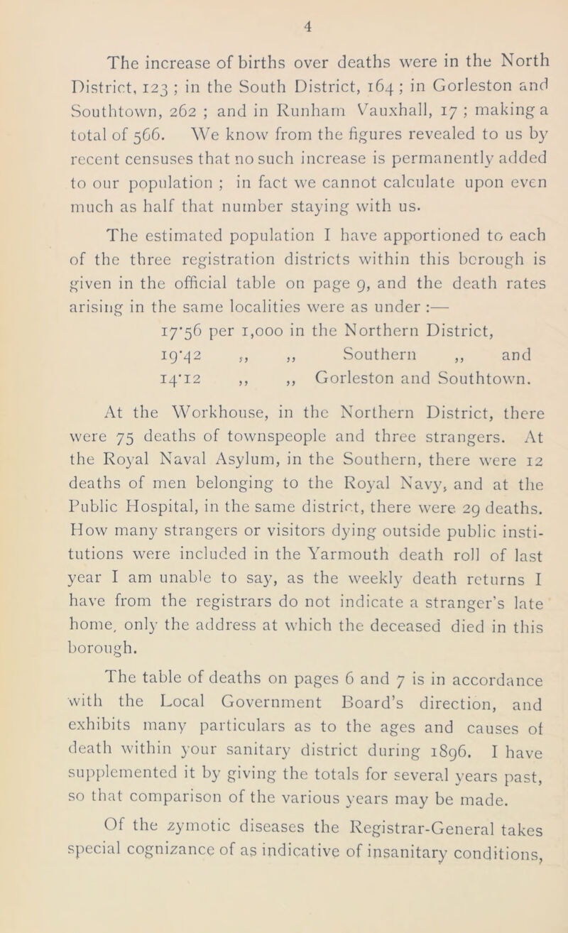 The increase of births over deaths were in the North District, 123 ; in the South District, 164; in Gorleston and Southtown, 262 ; and in Runham Vauxhall, 17 ; making a total of 566. We know from the figures revealed to us by recent censuses that no such increase is permanently added to our population ; in fact we cannot calculate upon even much as half that number staying with us. The estimated population I have apportioned to each of the three registration districts within this borough is given in the official table on page 9, and the death rates arising in the same localities were as under :— 17*56 per 1,000 in the Northern District, 19*42 „ ,, Southern ,, and 14*12 ,, ,, Gorleston and Southtown. At the Workhouse, in the Northern District, there were 75 deaths of townspeople and three strangers. At the Royal Naval Asylum, in the Southern, there were 12 deaths of men belonging to the Royal Navy, and at the Public Hospital, in the same district, there were 29 deaths. How many strangers or visitors dying outside public insti- tutions were included in the Yarmouth death roll of last year I am unable to say, as the weekly death returns I have from the registrars do not indicate a stranger's late home, only the address at which the deceased died in this borough. The table of deaths on pages 6 and 7 is in accordance with the Local Government Board’s direction, and exhibits many particulars as to the ages and causes of death within your sanitary district during 1896. I have supplemented it by giving the totals for several years past, so that comparison of the various years may be made. Of the zymotic diseases the Registrar-General takes special cognizance of as indicative of insanitary conditions,