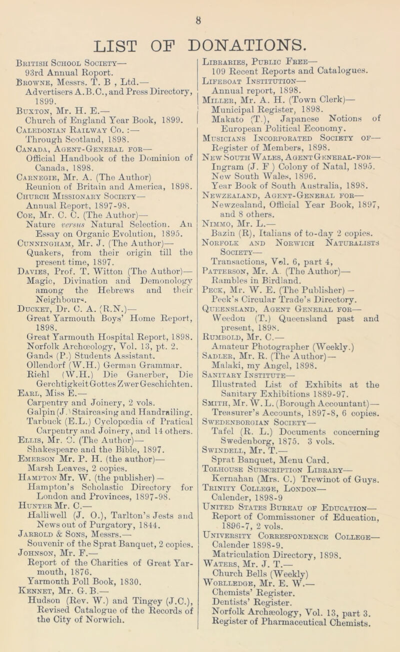 LIST OF DONATIONS. British School Society— 93rd Annual Roport. Browne, Messrs. T. B , Ltd.— Advertisers A.B.C., and Press Directory, 1899. Buxton, Mr. H. E.— Church of England Year Book, 1899. Caledonian Railway Co. :— Through Scotland, 1898. Canada, Agent-General for— Official Handbook of the Dominion of Canada, 1898. Carnegie, Mr. A. (The Author) Reunion of Britain and America, 1898. Church Missionary Society— Annual Report, 1897-98. Coe, Mr. C. C. (The Author)— Nature versus Natural Selection. An Essay on Organic Evolution, 1895. Cunningham, Mr. J. (The Author)— Quakers, from their origin till the present time, 1897. Davies, Prof. T. Witton (The Author)— Magic, Divination and Demonology among the Hebrews and their Neighbour*. Ducket, Dr. C. A. (R.N.)—- Great Yarmouth Boys’ Home Report, 1898. Great Yarmouth Hospital Report, 1898. Norfolk Archoeology, Vol. 13, pt. 2. Gands (P.) Students Assistant. Ollendorf (W.H.) German Grammar. Riehl (W.H.) Die Ganerber, Die Gerchtigkeit Gottes Zwer Geschichten. Earl, Miss E.— Carpentry and Joinery, 2 vols. Galpin (Jd Staircasing and Handrailing. Tarbuck (E.L.) Cyclopaedia of Pratical Carpentry and Joinery, and 14 others. Ellis, Mr. C. (The Author)— Shakespeare and the Bible, 1897. Emerson Mr. P. H. (the author)— Marsh Leaves, 2 copies. Hampton Mr. W. (the publisher) — Hampton’s Scholastic Directory for London and Provinces, 1897-98. Hunter Mr. C.— Halliwell (J. O.), Tarlton’s Jests and Newsoutof Purgatory, 1844. Jarrold & Sons, Messrs.— Souvenir of the Sprat Banquet, 2 copies. Johnson, Mr. F.— Report of the Charities of Great Yar- mouth, 1876. Yarmouth Poll Book, 1830. Kknnet, Mr. G. B.— Hudson (Rev. W.) and Tingey (J.C.), Revised Catalogue of the Records of the City of Norwich. Libraries, Public Free— 109 Recent Reports and Catalogues. Lifeboat Institution— Annual report, 1898. Miller, Mr. A. H. (Town Clerk)— j Municipal Register, 1S98. | Makato (T.), Japanese Notions of European Political Economy. Musicians Incorporated Society of— Register of Members, 1898. New South Wales, Agent Gkneral-fok— Ingram (J. F ) Colony of Natal, 1895. New South Wales, 1896. Year Book of South Australia, 1898. Newzealand, Agent-General for— Newzealand, Official Year Book, 1897, and 8 others. Nimmo, Mr. L.— Bazin (R), Italians of to-day 2 copies. Norfolk and Norwich Naturalists Society— Transactions, Vol. 6, part 4, Patterson, Mr. A. (The Author)— Rambles in Birdland. Peck, Mr. W. E. (The Publisher) — Peck’s Circular Trade’s Directory. Queensland, Agent General for— Weedou (T.) Queensland past and present, 189N. Rumbold, Mr. C.— Amateur Photographer (Weekly.) Sadler, Mr. R. (The Author) — Malaki, my Angel, 1898. Sanitary Institute— Illustrated List of Exhibits at the Sanitary Exhibitions 1889-97. Smith, Mr. W. L. (Borough Accountant)— Treasurer’s Accounts, 1897-8, 6 copies. SWEDENBORGIAN SOCIETY— Tafel (R. L.) Documents concerning Swedenborg, 1875. 3 vols. Swindell, Mr. T.— Sprat Banquet, Menu Card. Toliiouse Subscription Library— Kernahan (Mrs. C.) Trewinot of Guys. Trinity College, London— Calender, 1898-9 United States Bureau of Education— Report of Commissioner of Education, 1896-7, 2 vols. University Correspondence College— Calender 189S-9. Matriculation Directory, 1898. Waters, Mr. J. T.— Church Bells (Weekly) Worlledoe, Mr. E. W.— Chemists’ Register. Dentists’ Register. Norfolk Archaeology, Vol. 13, part 3. Register of Pharmaceutical Chemists.