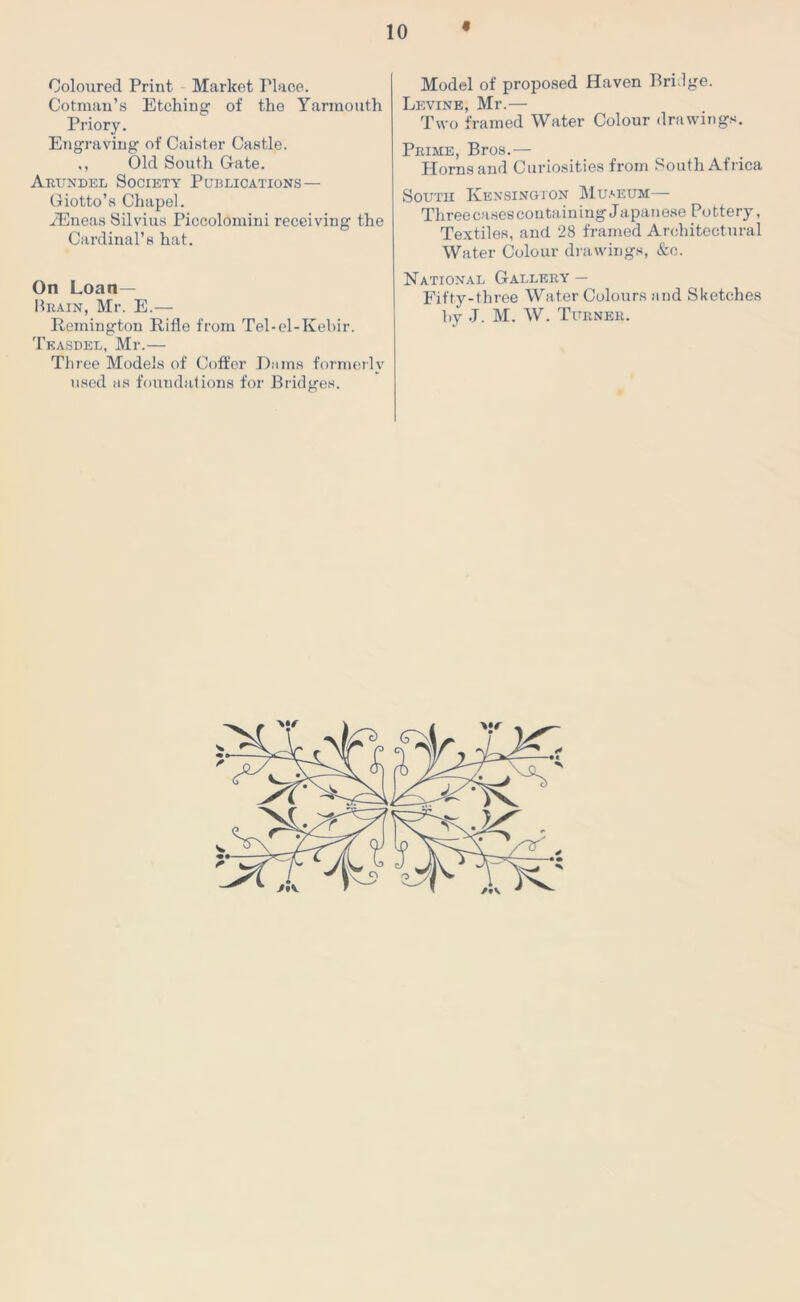 « Coloured Print Market Place. Cotman’s Etching of the Yarmouth Priory. Engraving of Cain ter Castle. ,, Old South Gate. Arundel Society Publications — Giotto’s Chapel. iEneas Silvius Piccolomini receiving the Cardinal’s hat. On Loan— Brain, Mr. E.— Remington Rifle from Tel-el-Kebir. Tkasdel, Mr.— Three Models of Coffer Dams formerly used as foundations for Bridges. Model of proposed Haven Bridge. Levine, Mr.— Two framed Water Colour drawings. Prime, Bros.— Horns and Curiosities from South Africa South Kensington Museum— Three cases containing Japanese Pottery, Textiles, and 28 framed Architectural Water Colour drawings, &e. National Gallery — Fifty-three Water Colours and Sketches by J. M. W. Turner.